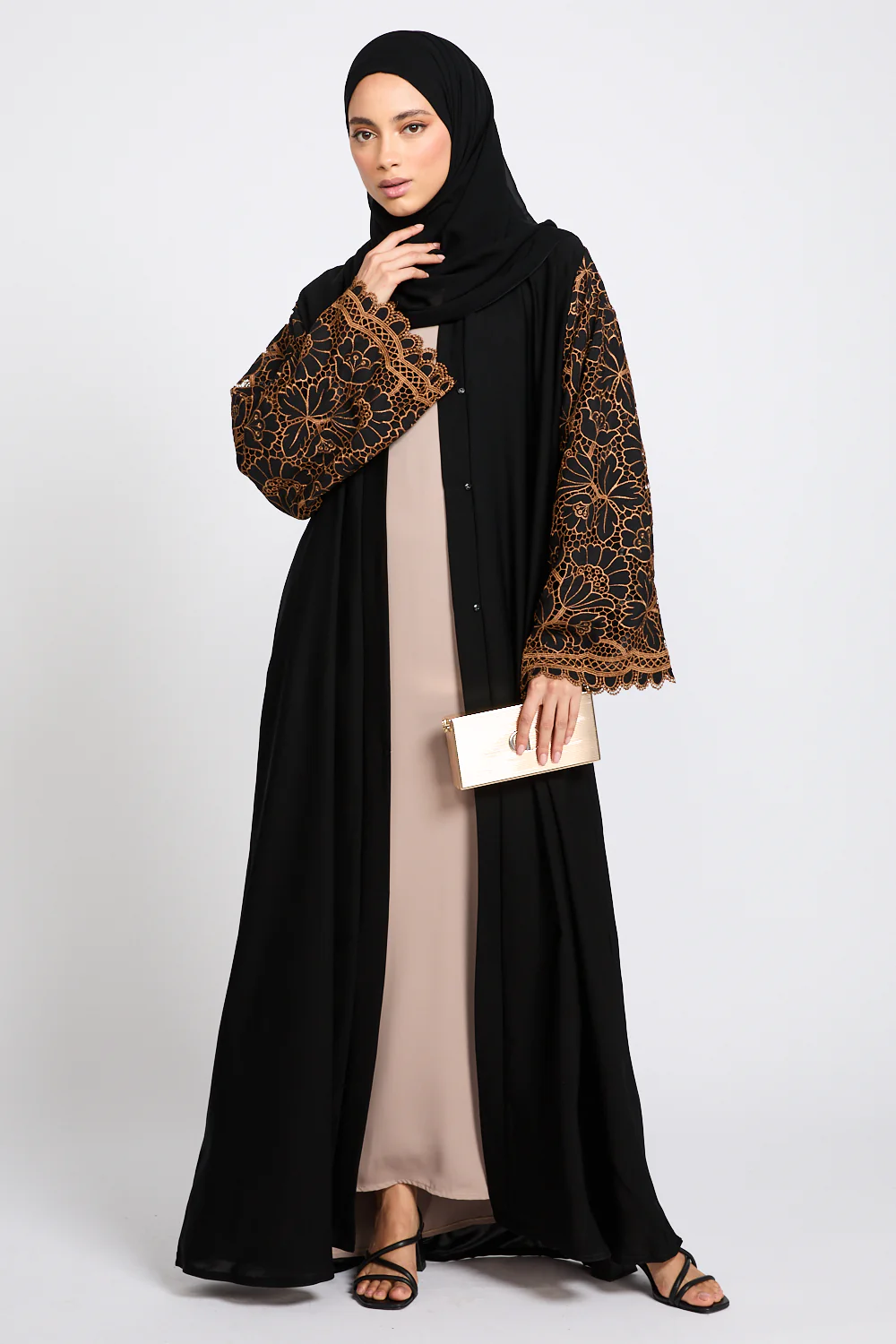 Premium Black Blossom Lace Detail Open Abaya - LIMITED EDITION