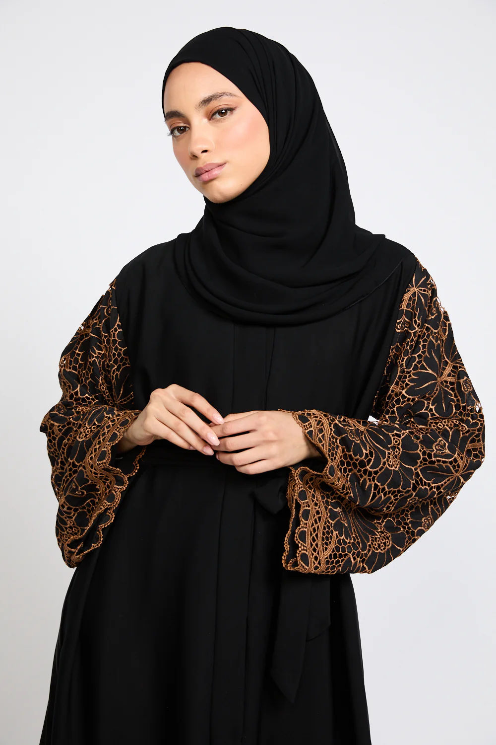 Premium Black Blossom Lace Detail Open Abaya - LIMITED EDITION - Image 2