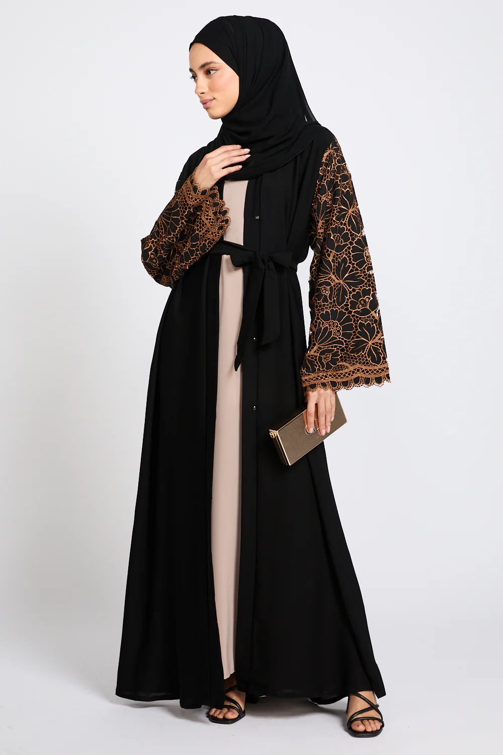 Premium Black Blossom Lace Detail Open Abaya - LIMITED EDITION - Image 3