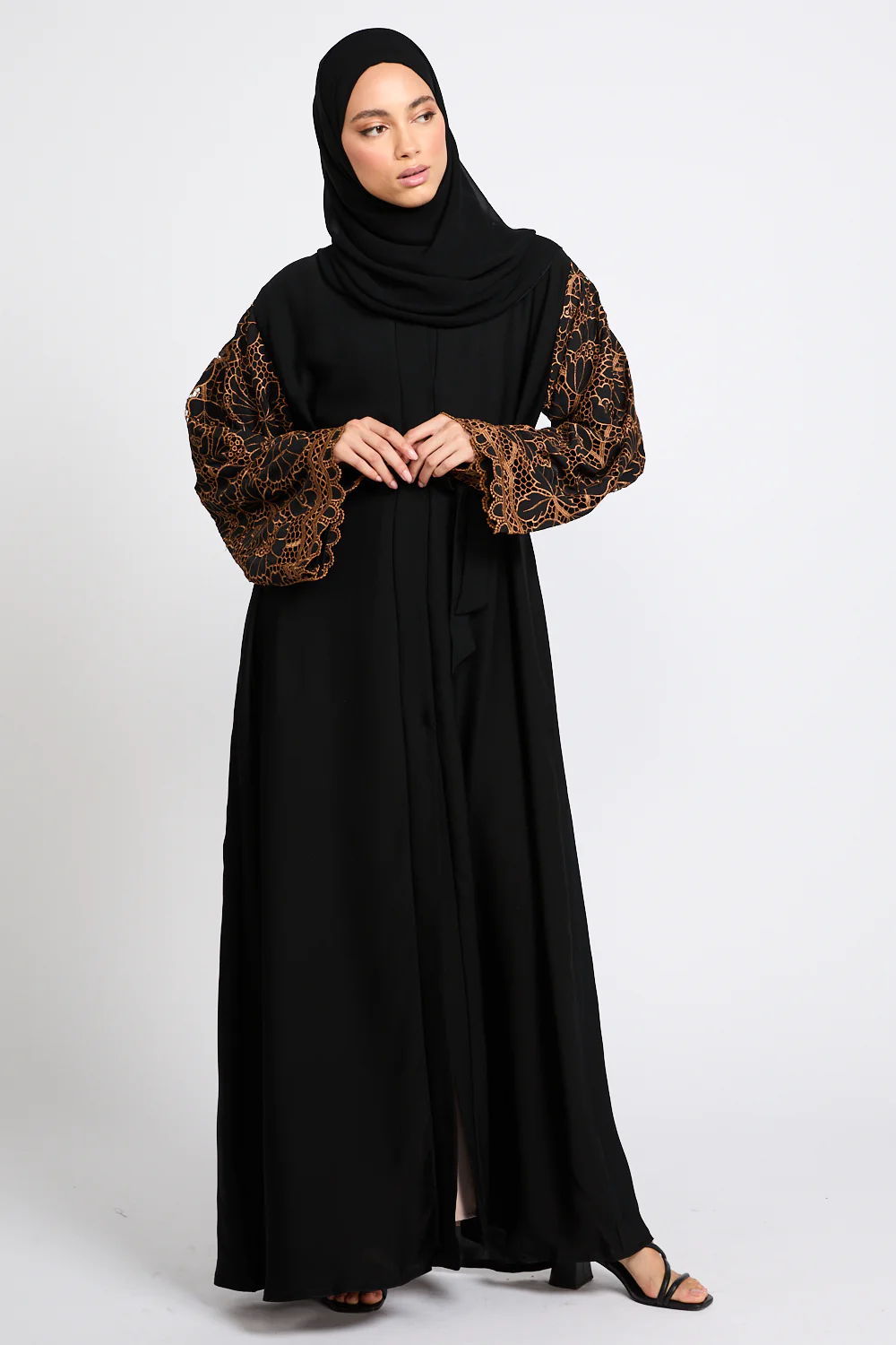 Premium Black Blossom Lace Detail Open Abaya - LIMITED EDITION - Image 4