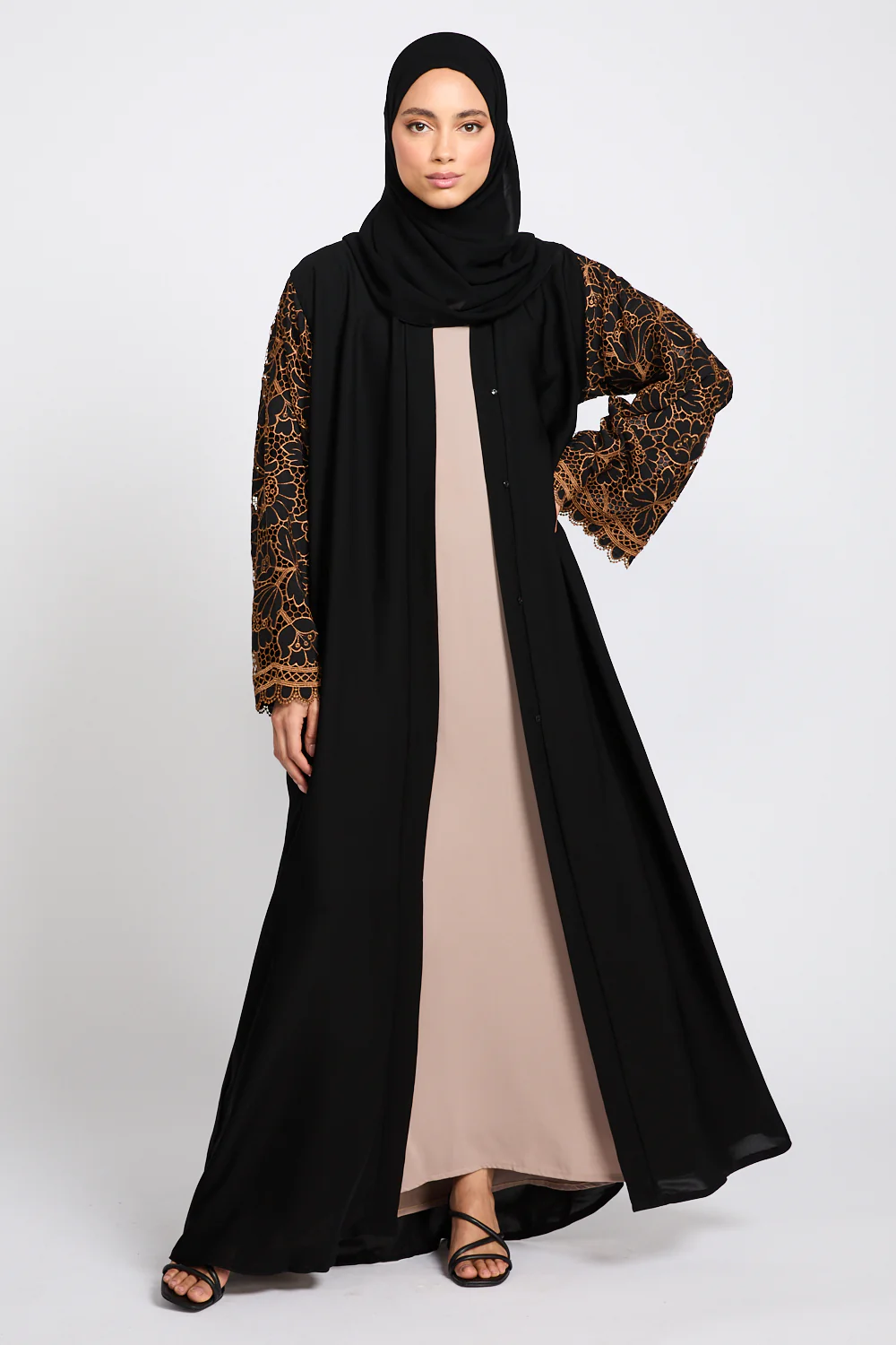 Premium Black Blossom Lace Detail Open Abaya - LIMITED EDITION - Image 5