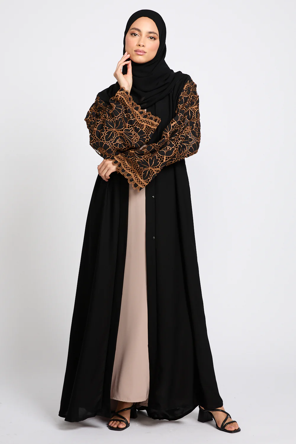 Premium Black Blossom Lace Detail Open Abaya - LIMITED EDITION - Image 6