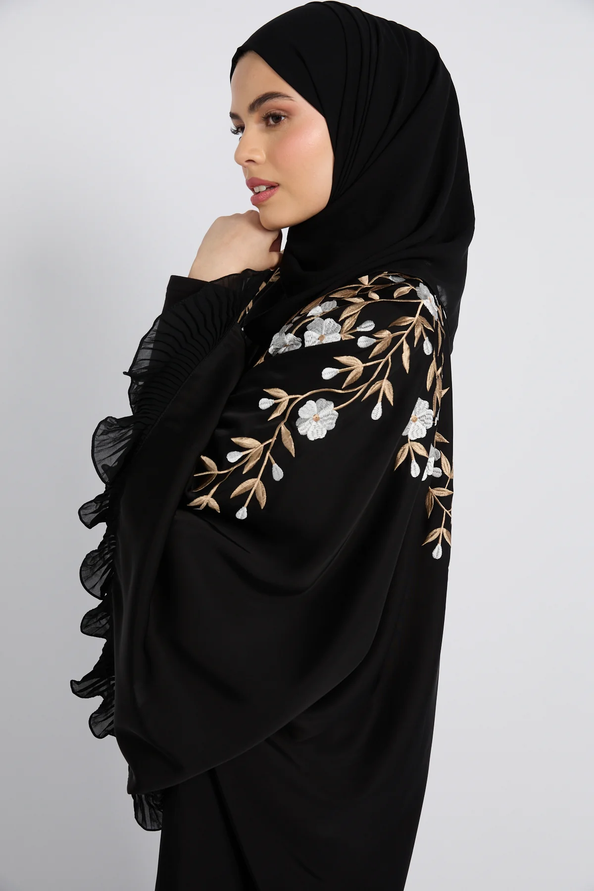 Premium Black Empress Floral Embroidered Open Abaya - Image 2