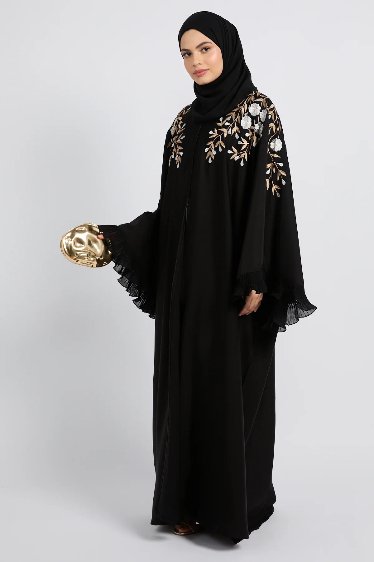 Premium Black Empress Floral Embroidered Open Abaya - Image 3