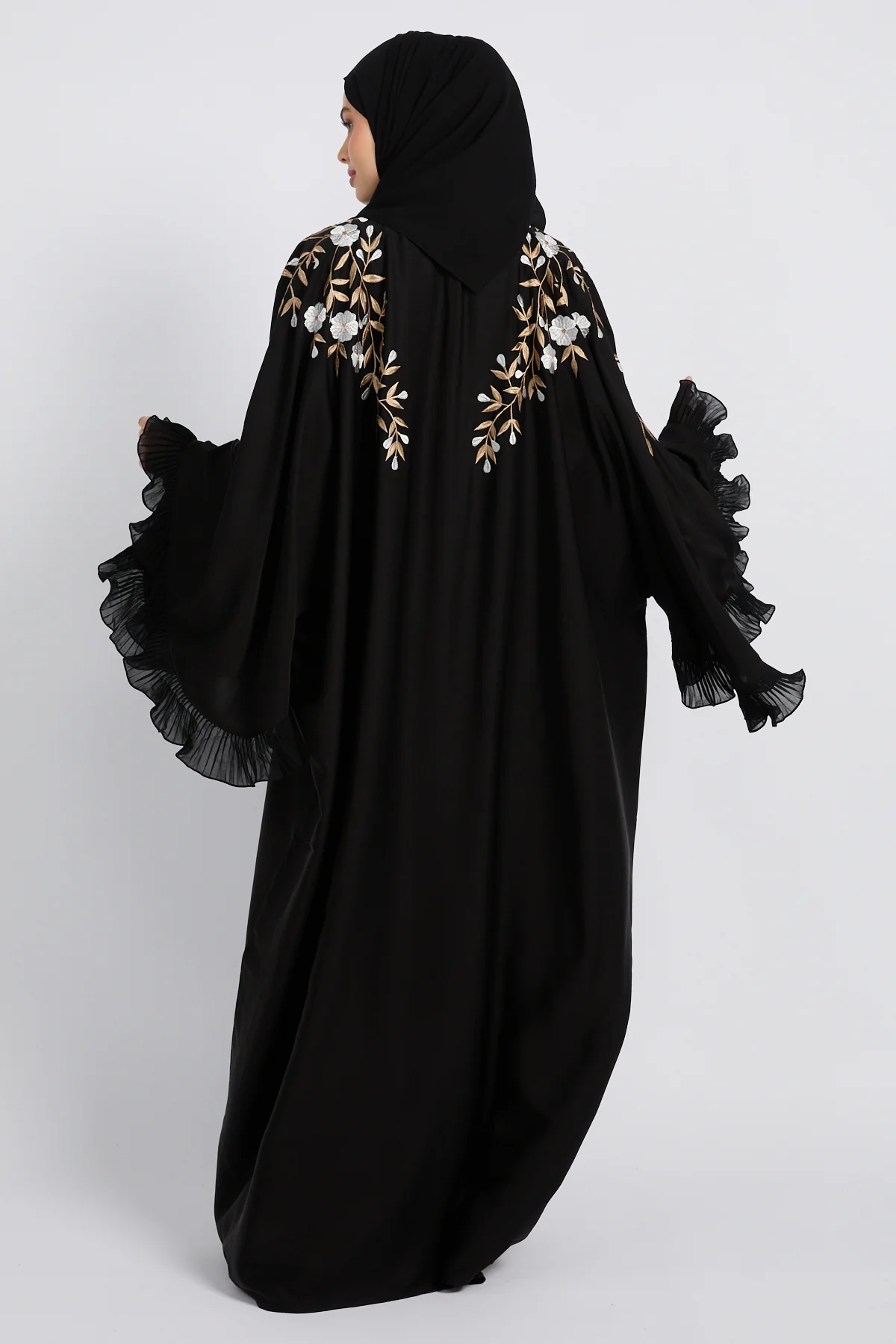 Premium Black Empress Floral Embroidered Open Abaya - Image 4