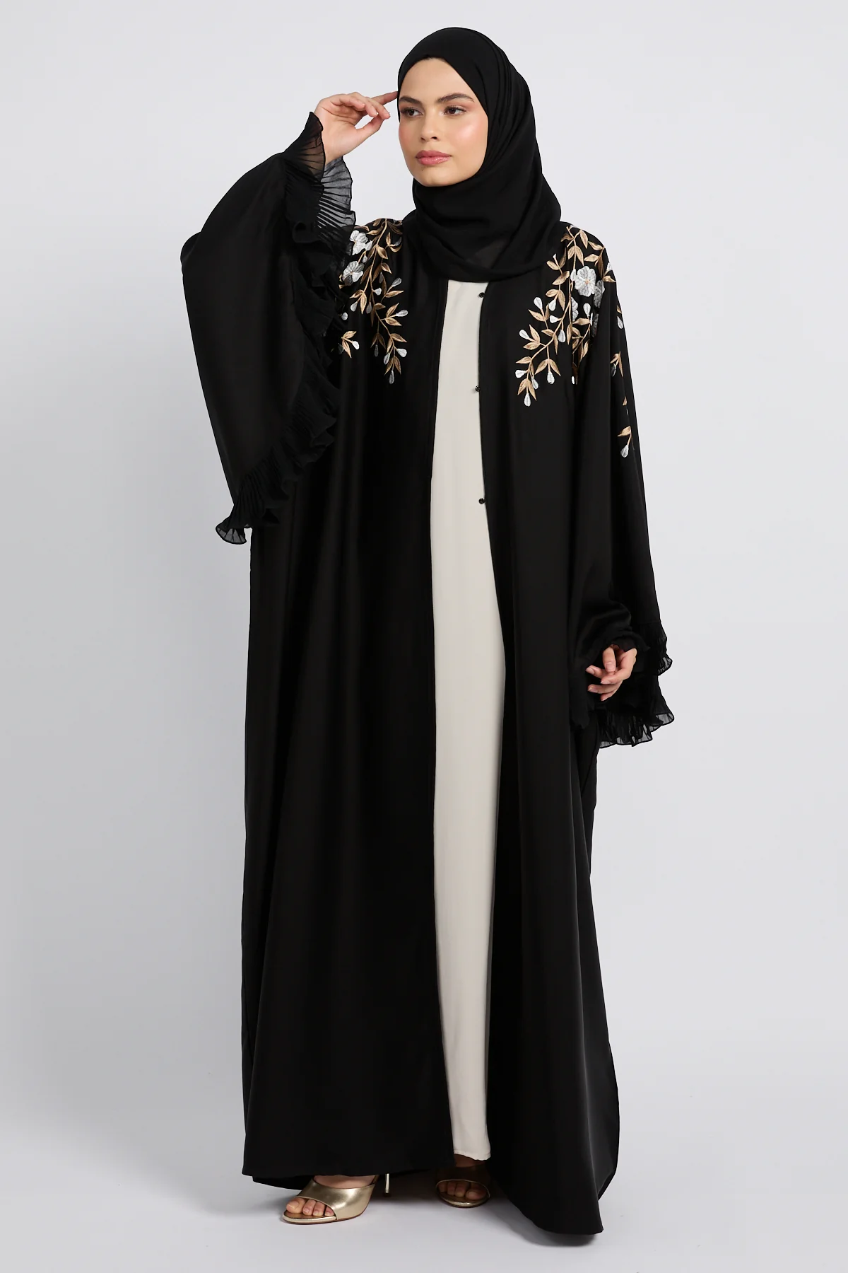 Premium Black Empress Floral Embroidered Open Abaya - Image 5