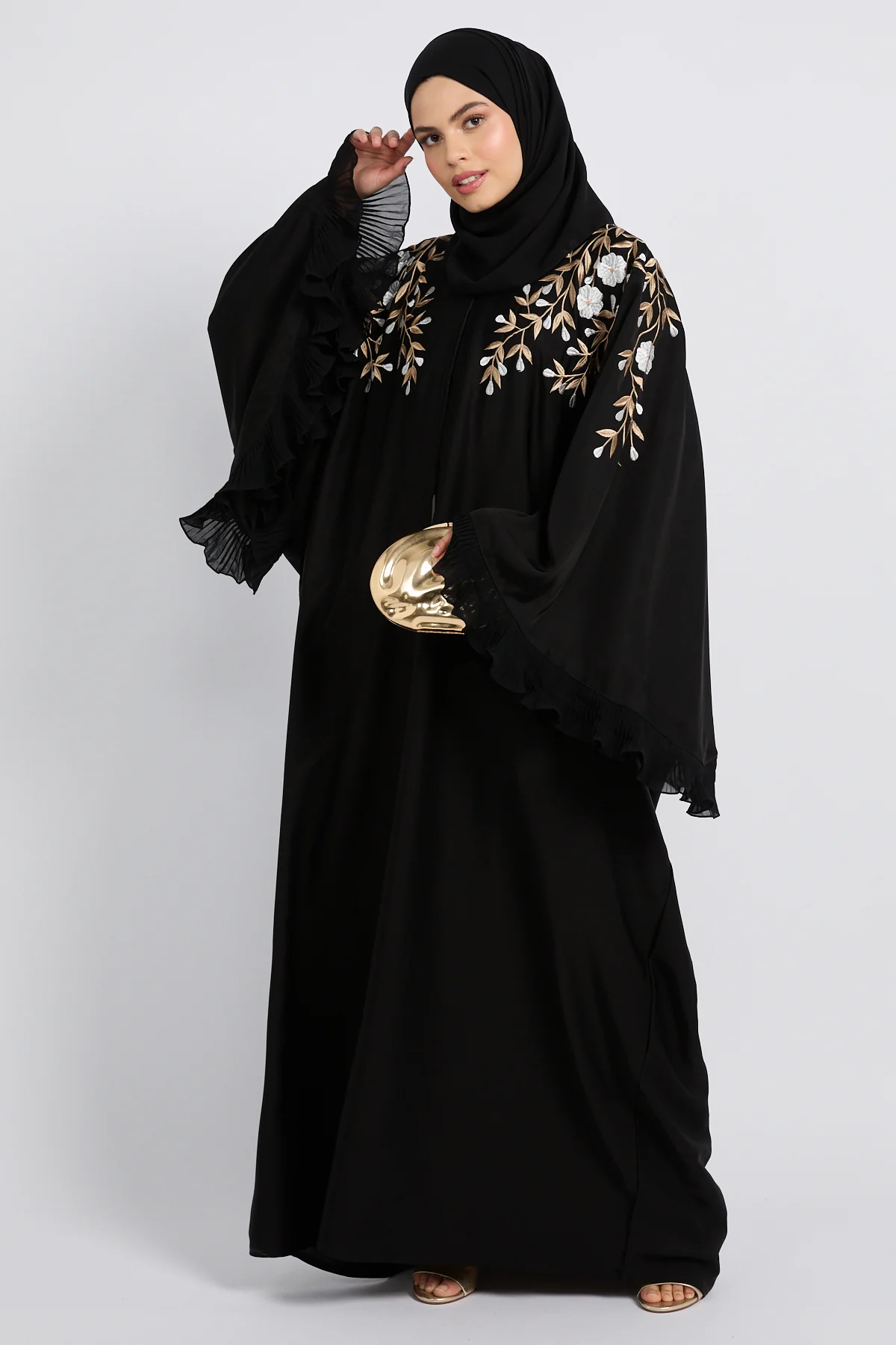Premium Black Empress Floral Embroidered Open Abaya - Image 6