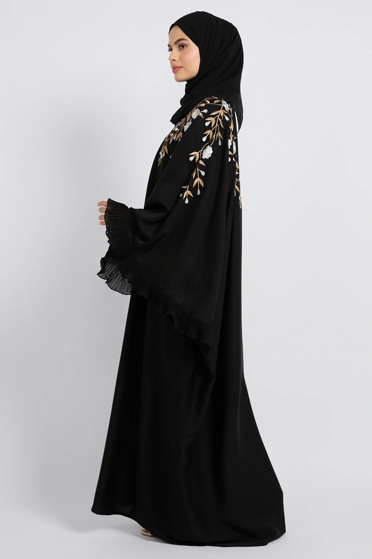 Premium Black Empress Floral Embroidered Open Abaya - Image 7