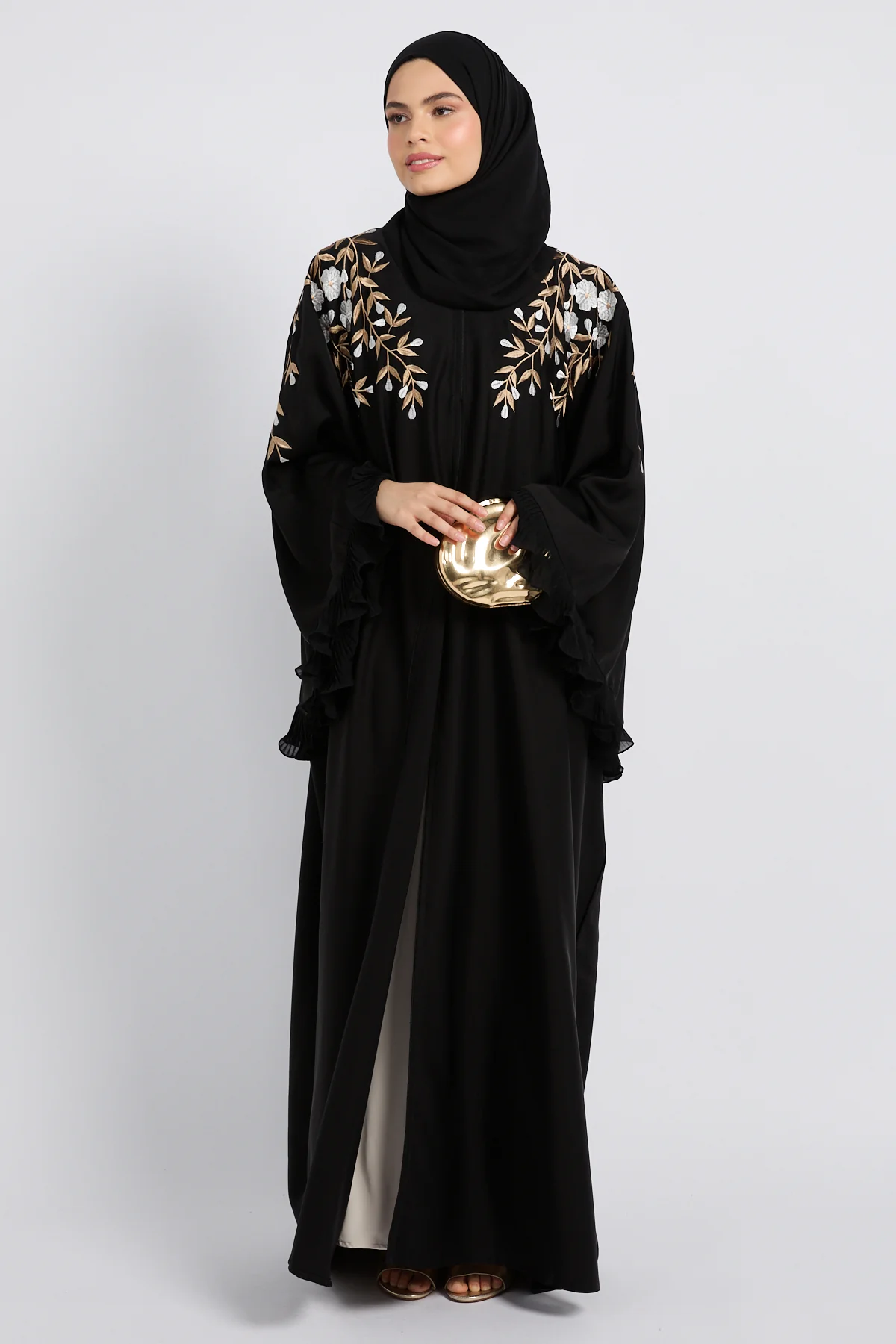 Premium Black Empress Floral Embroidered Open Abaya - Image 8