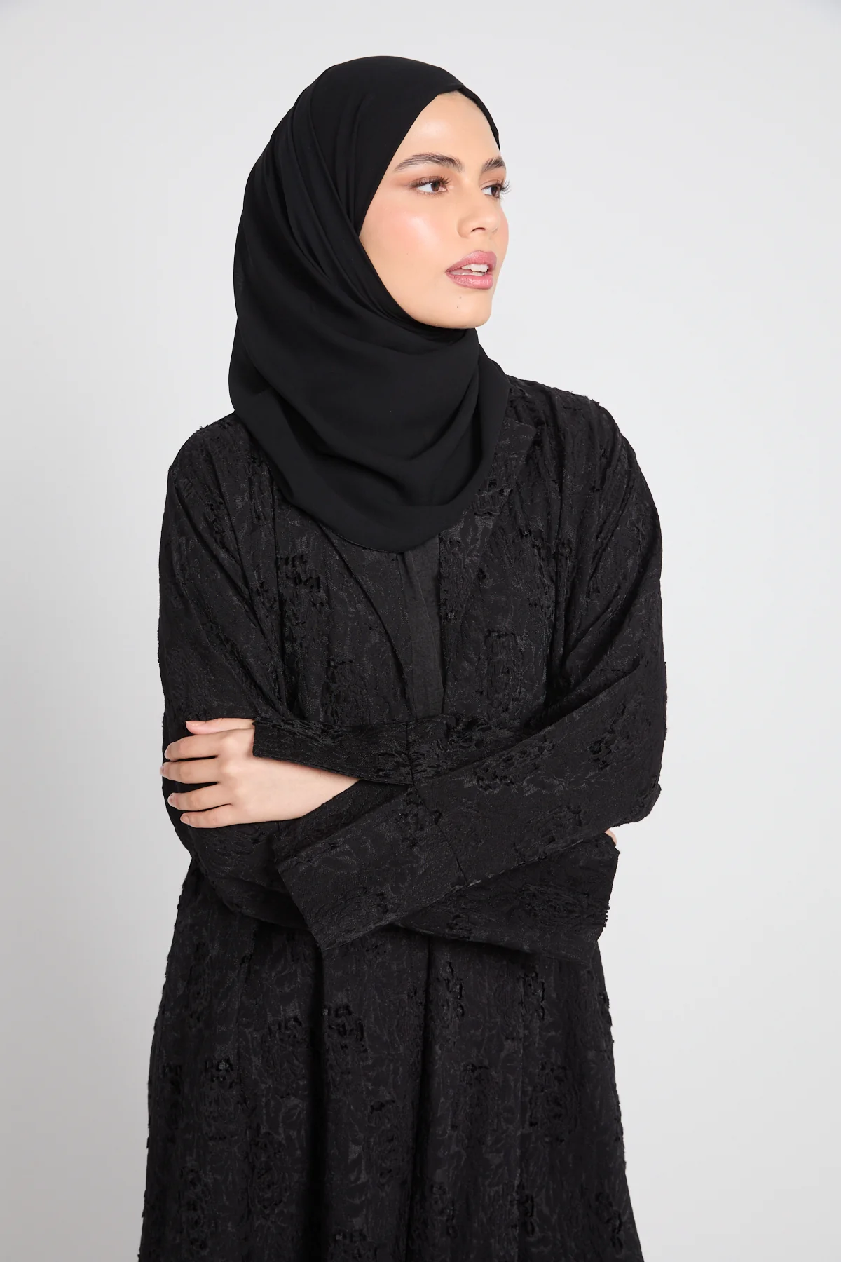 Premium Black Jacquard Blazer Four Piece Abaya Set - Image 2