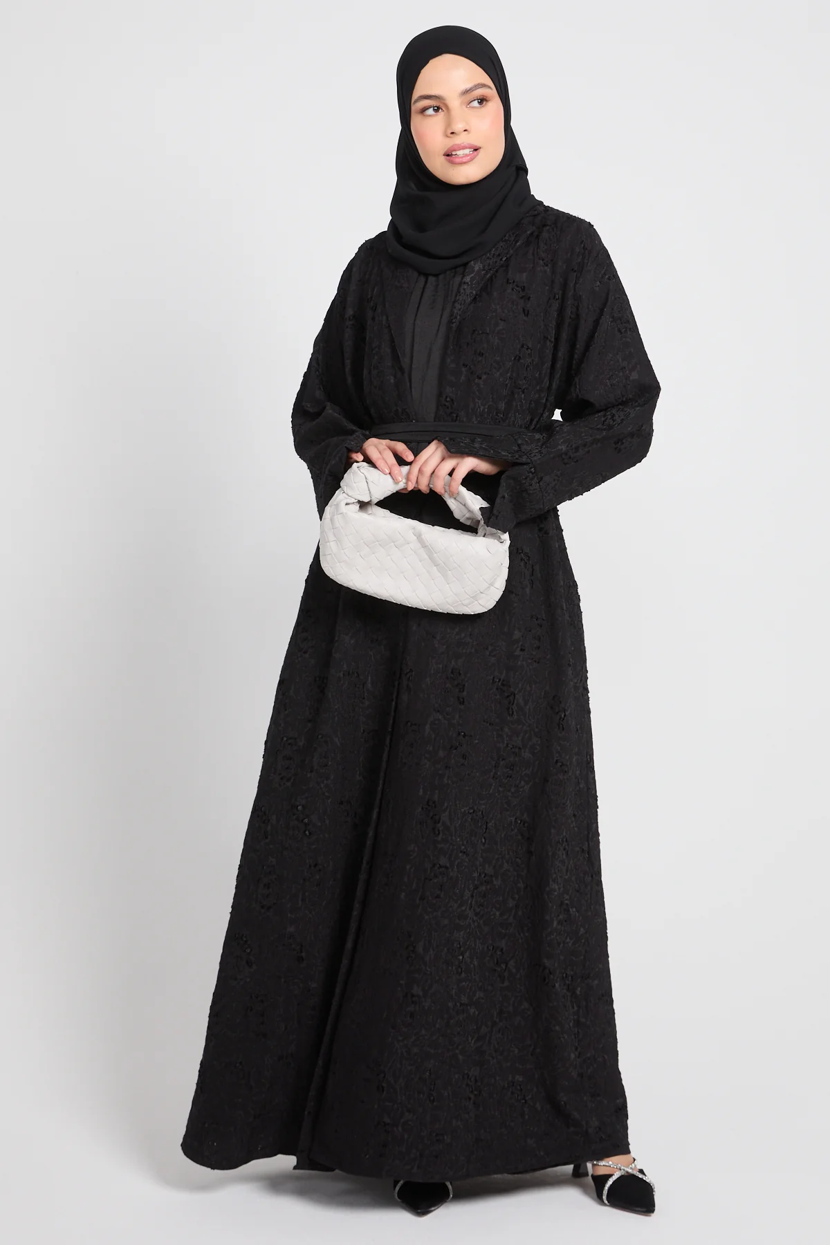Premium Black Jacquard Blazer Four Piece Abaya Set - Image 3