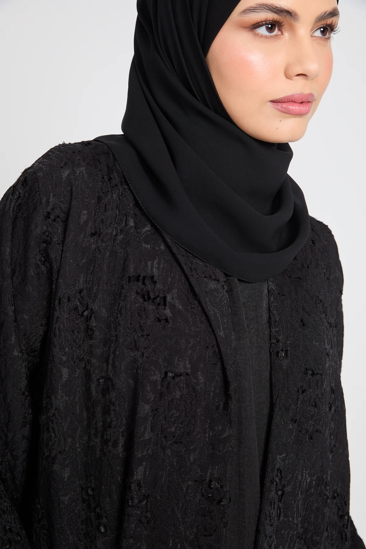 Premium Black Jacquard Blazer Four Piece Abaya Set - Image 4
