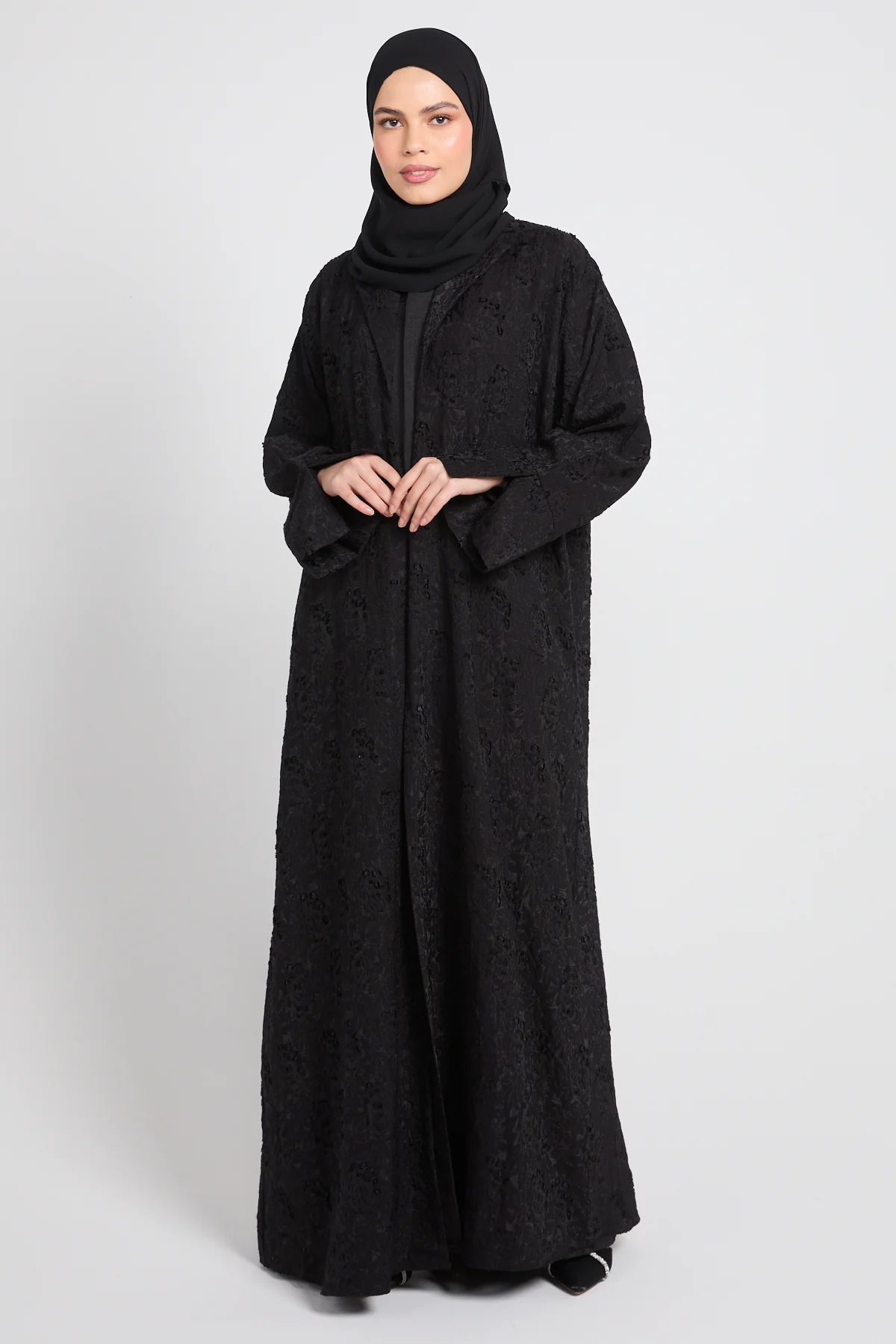 Premium Black Jacquard Blazer Four Piece Abaya Set - Image 6