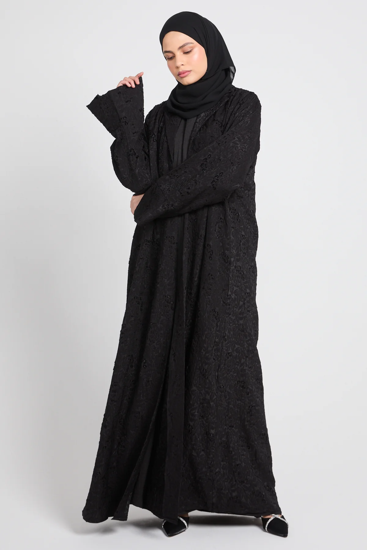 Premium Black Jacquard Blazer Four Piece Abaya Set - Image 8