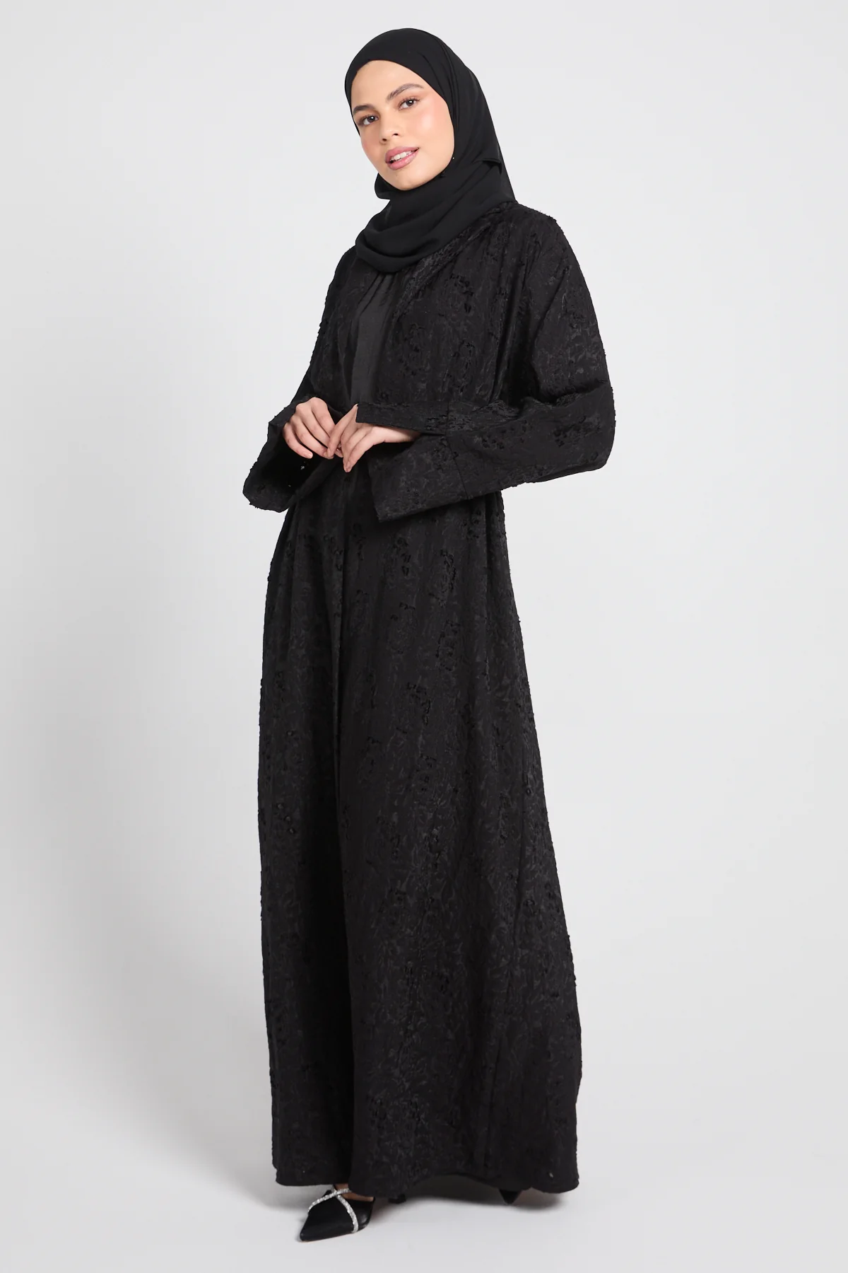 Premium Black Jacquard Blazer Four Piece Abaya Set - Image 9