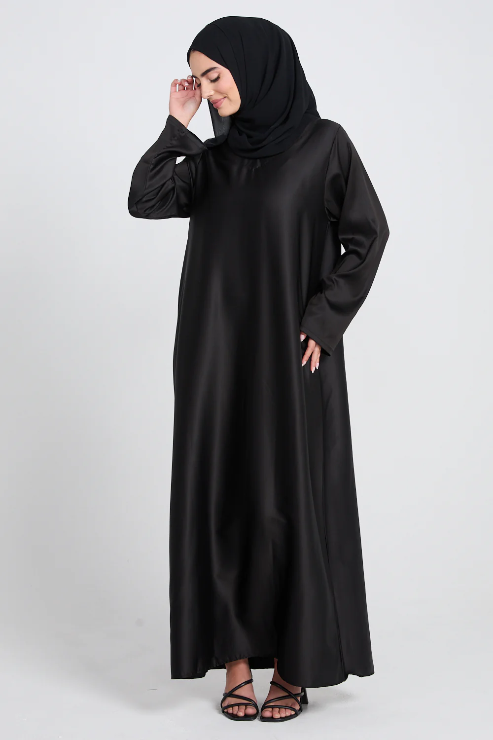 Premium Black Satin Inner Slip Dress - LONG SLEEVE