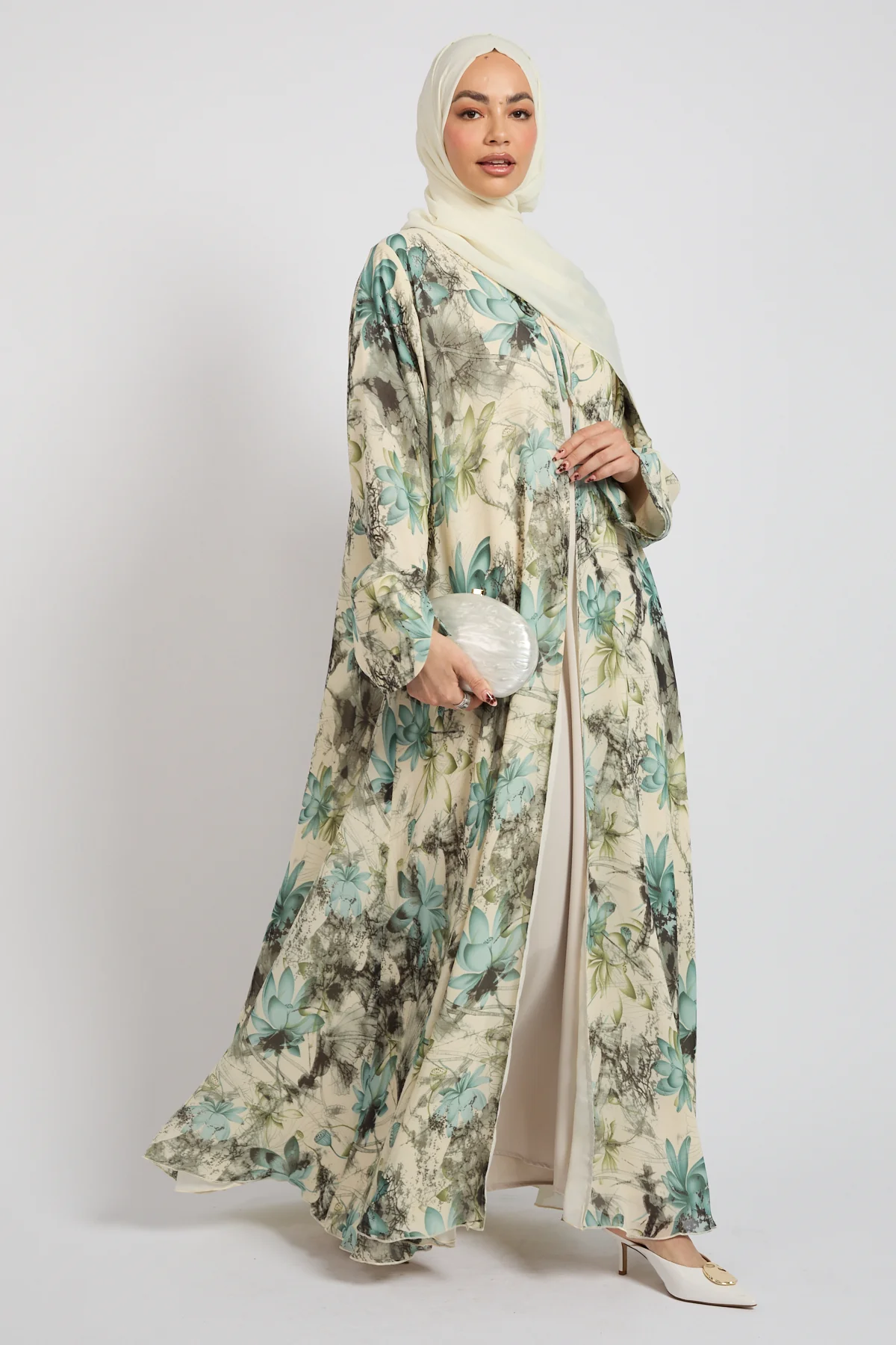 Premium Botanical Dream Tie Front Chiffon Open Abaya - LIMITED EDITION