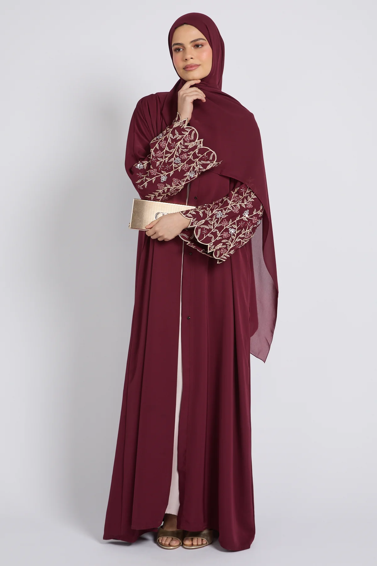 Premium Burgundy Rose Bloom Open Embroidered Abaya