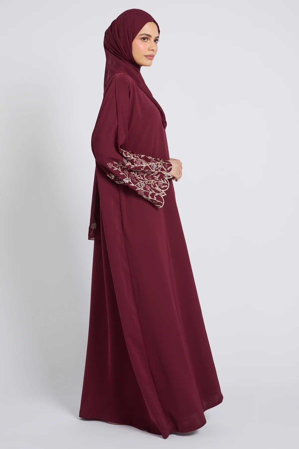 Premium Burgundy Rose Bloom Open Embroidered Abaya - Image 3
