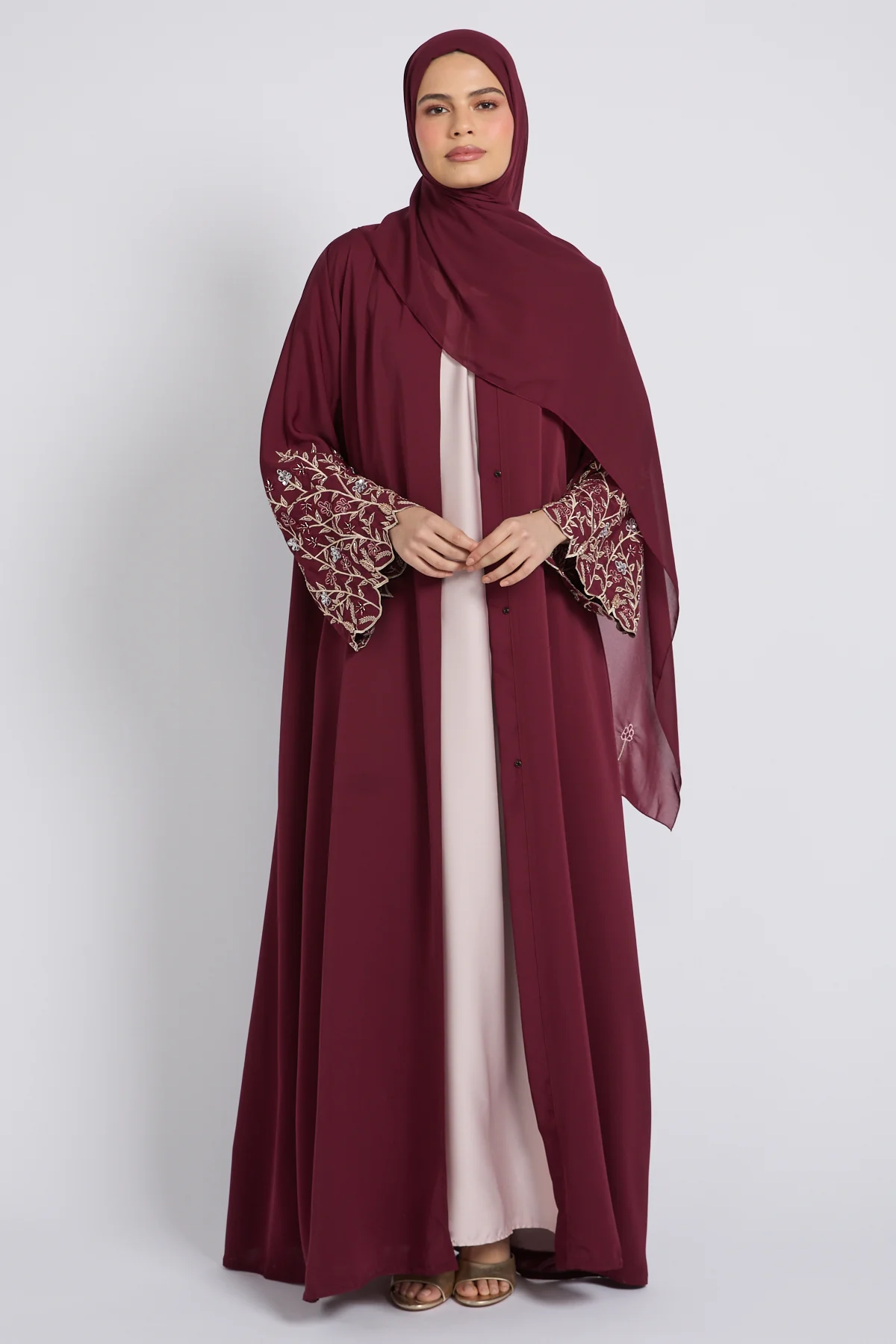 Premium Burgundy Rose Bloom Open Embroidered Abaya - Image 4