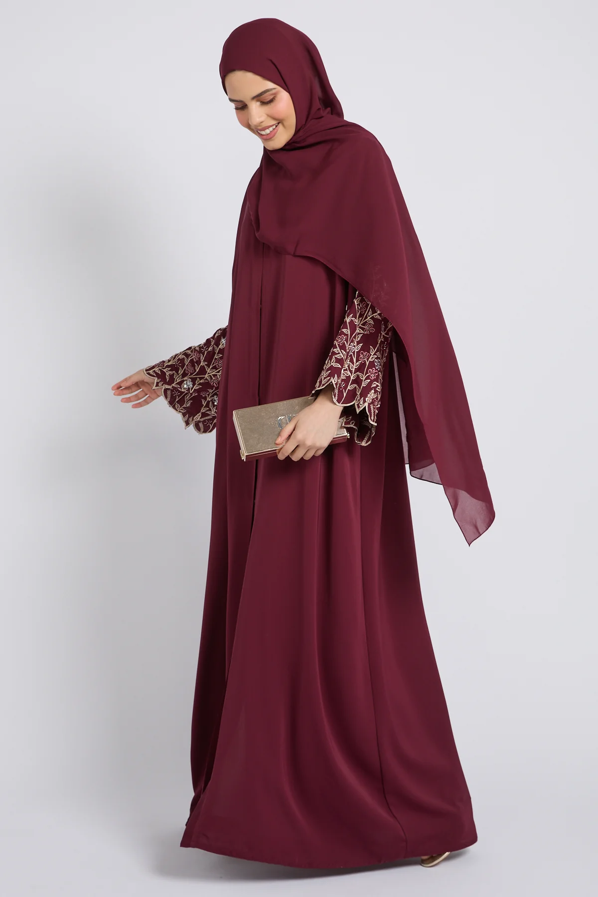 Premium Burgundy Rose Bloom Open Embroidered Abaya - Image 5
