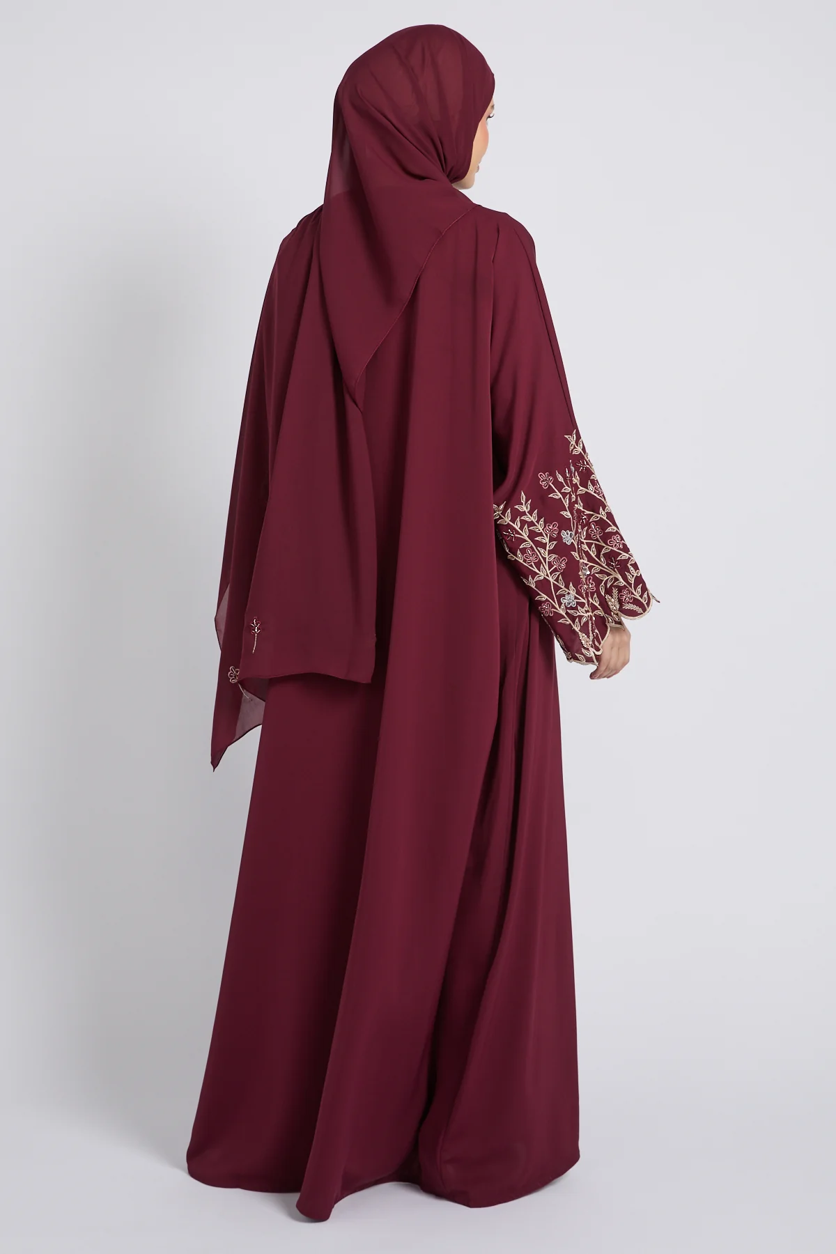 Premium Burgundy Rose Bloom Open Embroidered Abaya - Image 6