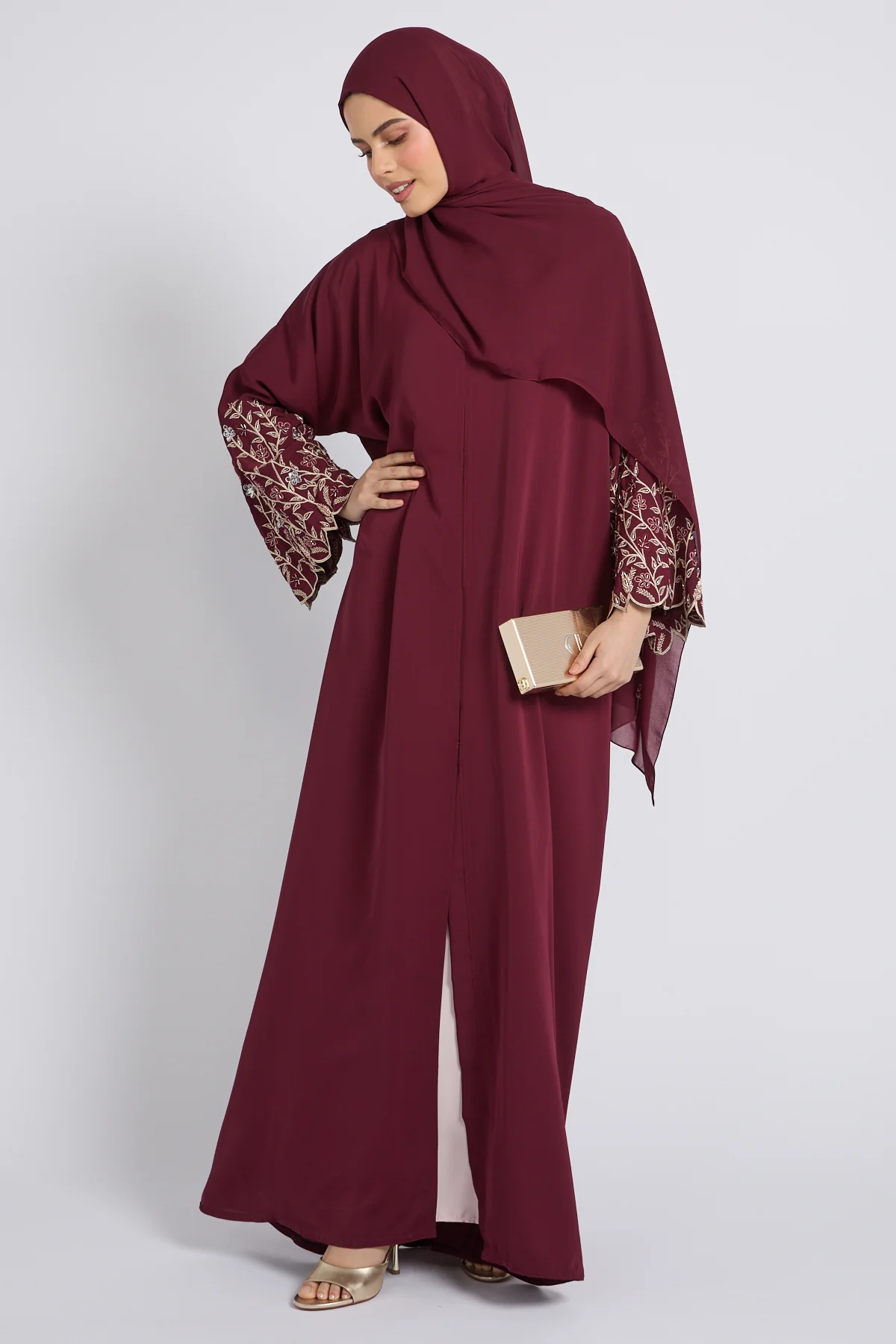 Premium Burgundy Rose Bloom Open Embroidered Abaya - Image 7