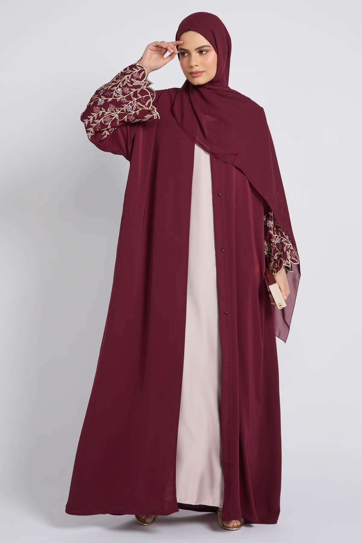 Premium Burgundy Rose Bloom Open Embroidered Abaya - Image 8