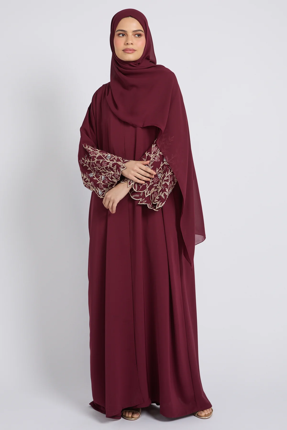 Premium Burgundy Rose Bloom Open Embroidered Abaya - Image 9