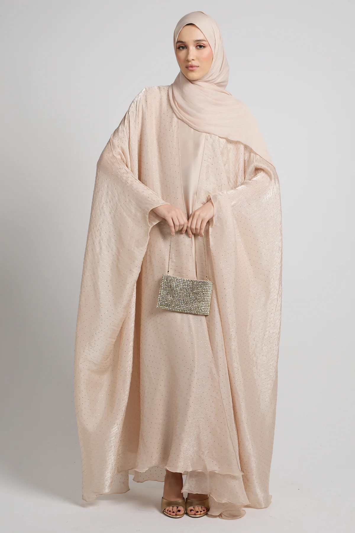 Premium Celestial Sheen Open Bisht Abaya – Blush Nude - Image 3