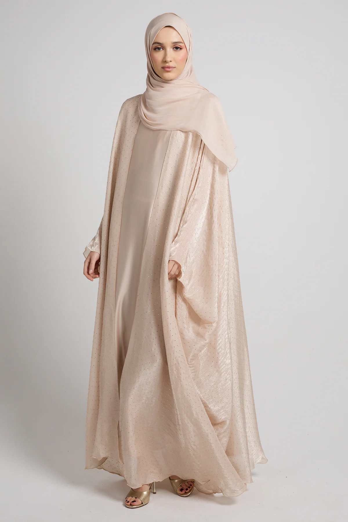 Premium Celestial Sheen Open Bisht Abaya – Blush Nude - Image 6