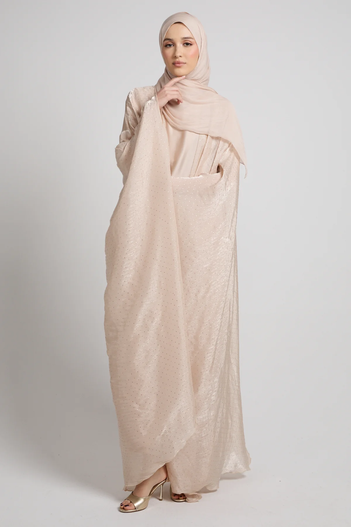 Premium Celestial Sheen Open Bisht Abaya – Blush Nude - Image 7