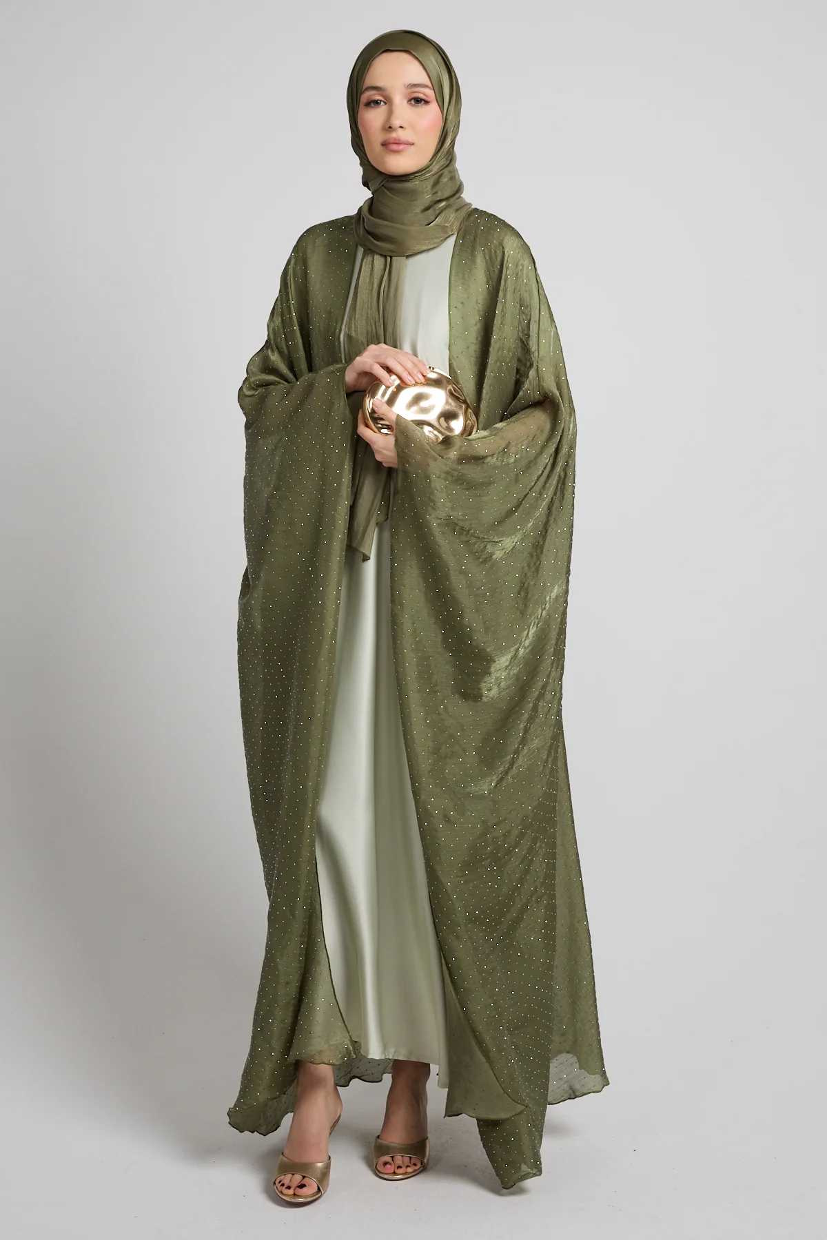 Premium Celestial Sheen Open Bisht Abaya – Olive Mist