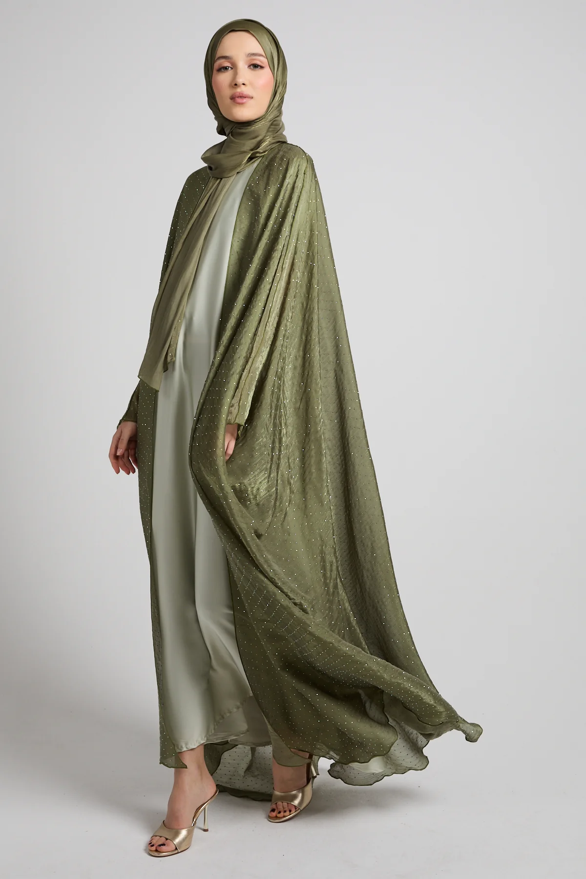 Premium Celestial Sheen Open Bisht Abaya – Olive Mist - Image 3