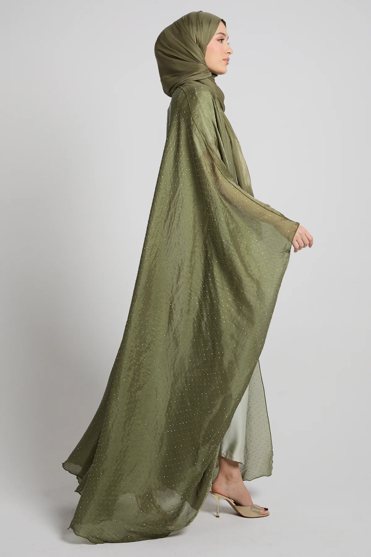 Premium Celestial Sheen Open Bisht Abaya – Olive Mist - Image 4