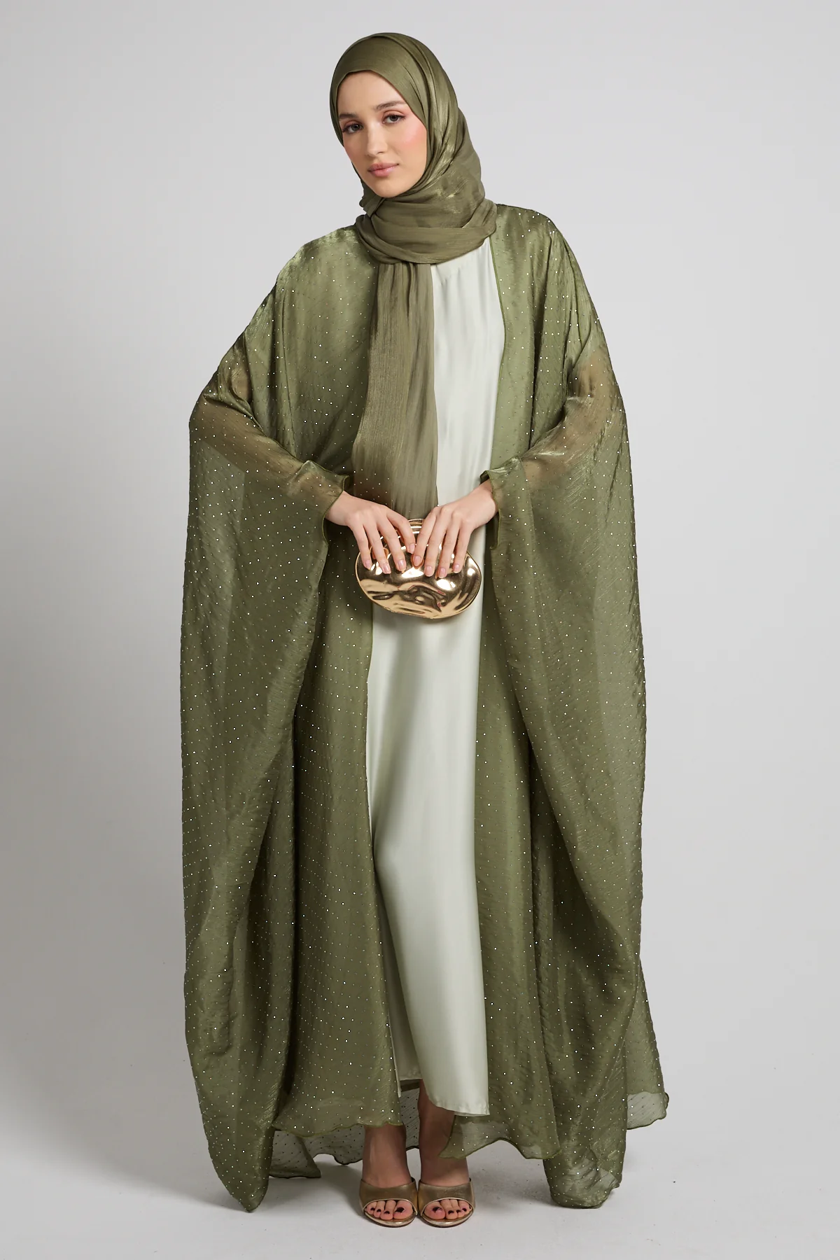 Premium Celestial Sheen Open Bisht Abaya – Olive Mist - Image 5