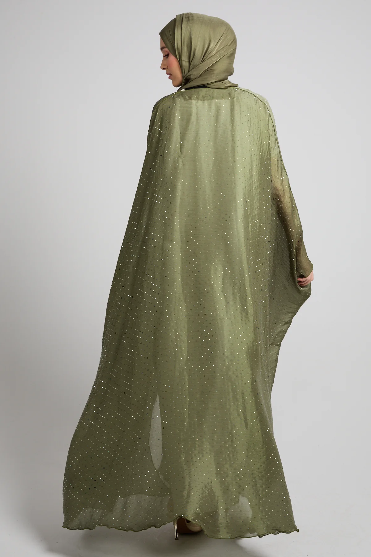 Premium Celestial Sheen Open Bisht Abaya – Olive Mist - Image 6