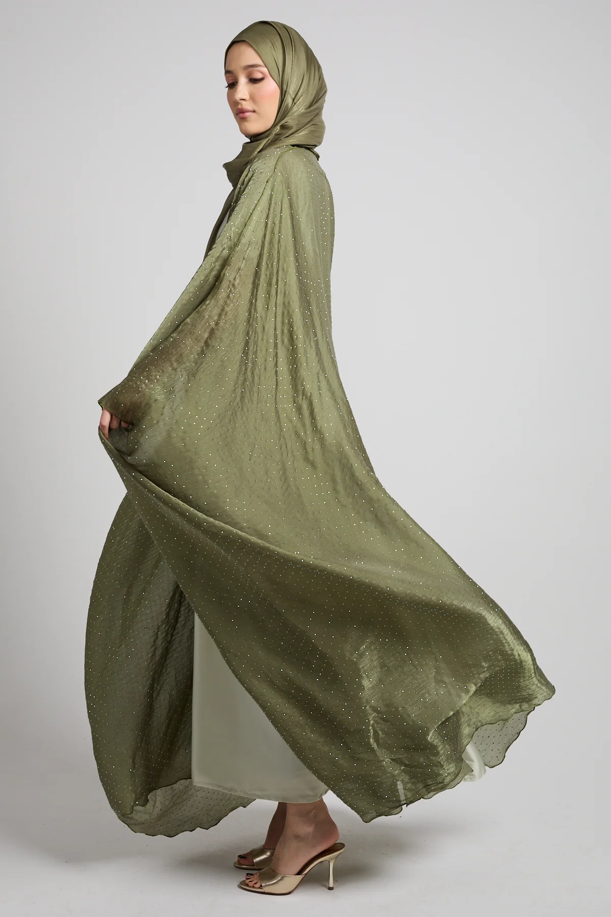 Premium Celestial Sheen Open Bisht Abaya – Olive Mist - Image 7