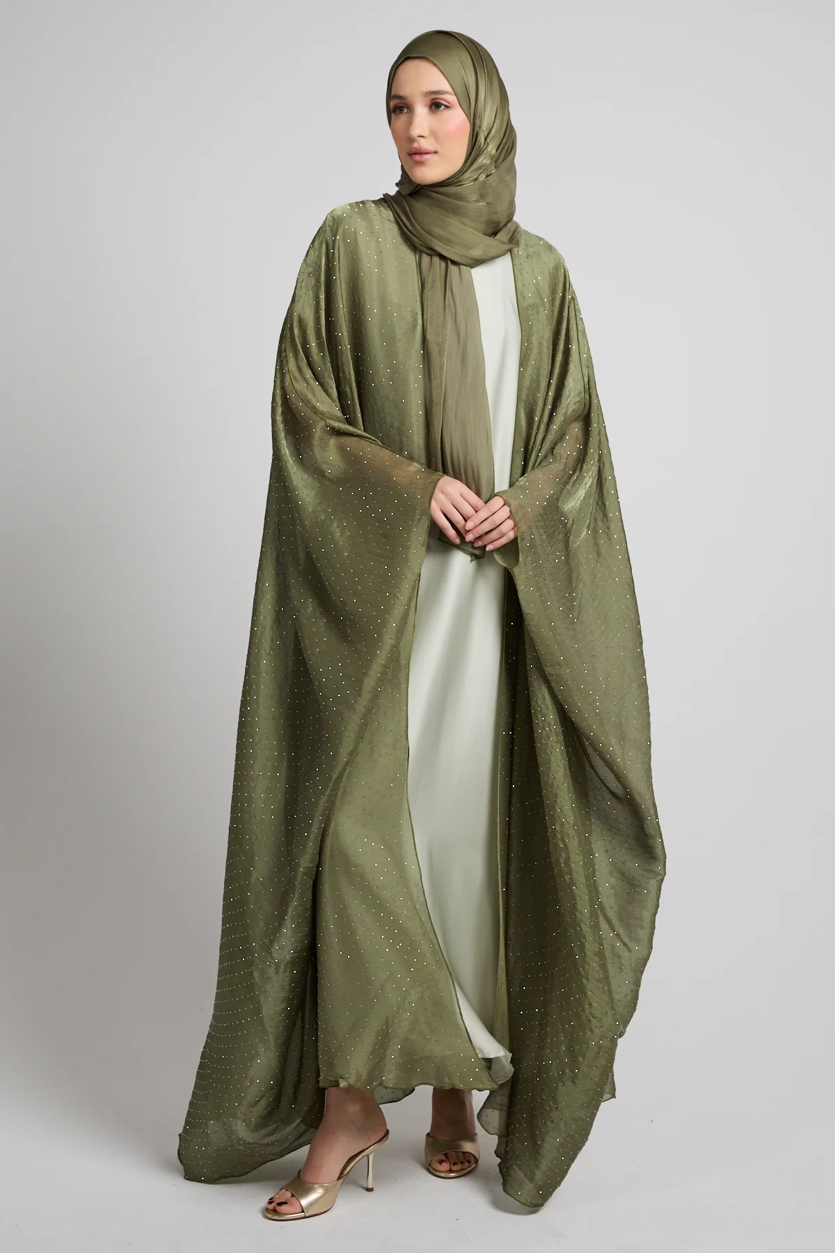 Premium Celestial Sheen Open Bisht Abaya – Olive Mist - Image 8