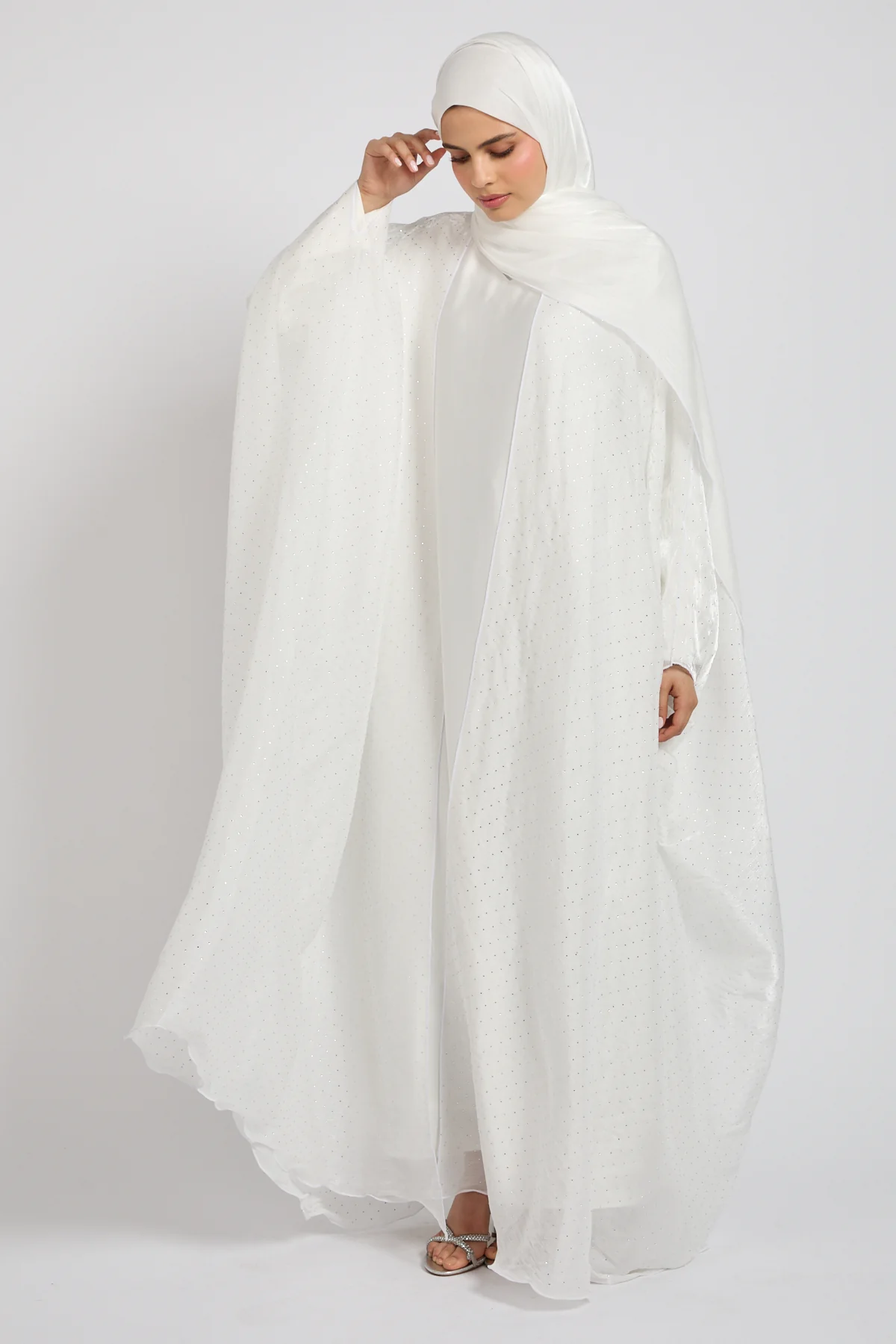 Premium Celestial Sheen Open Bisht Abaya – White - Image 7