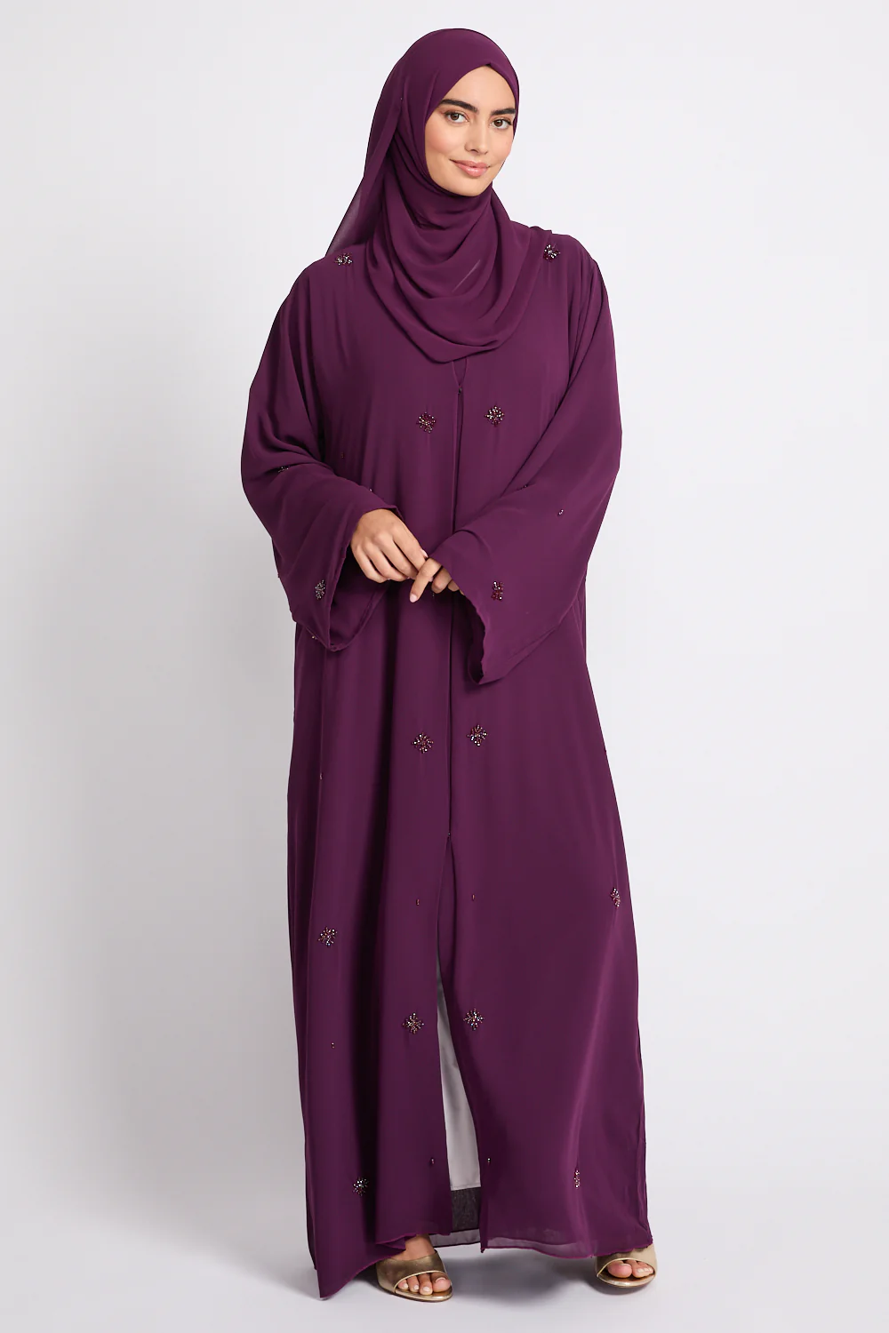 Premium Chiffon Embellished Open Abaya – Royal Mulberry - Image 10