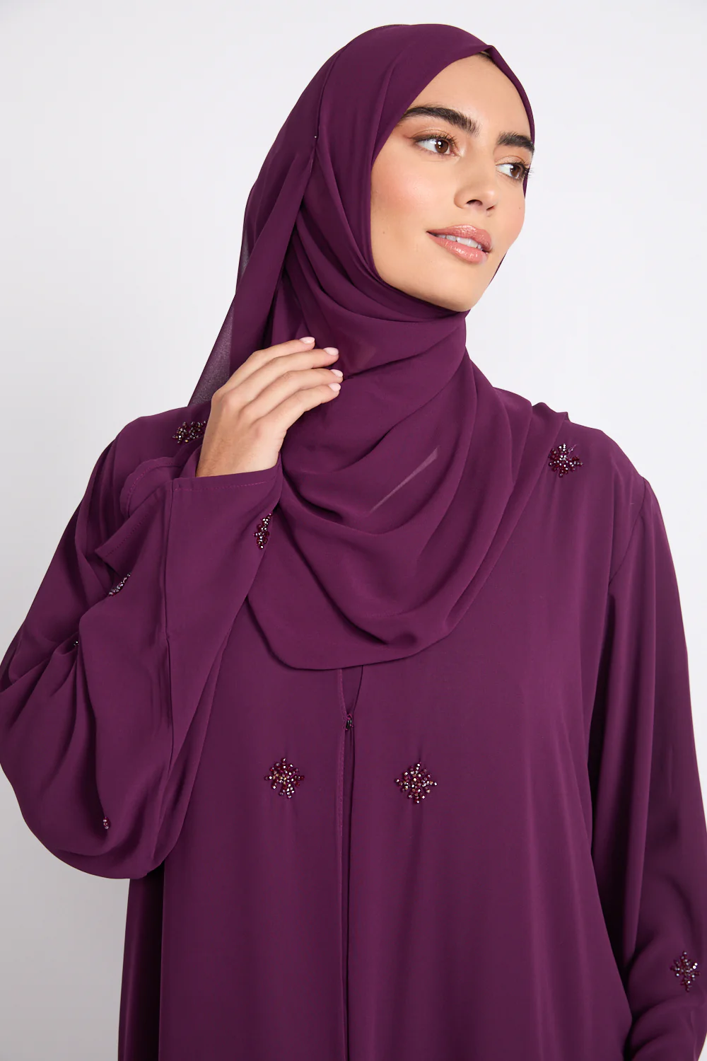 Premium Chiffon Embellished Open Abaya – Royal Mulberry - Image 2
