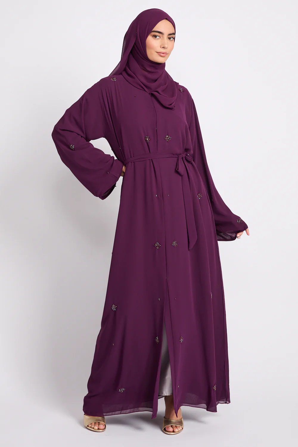 Premium Chiffon Embellished Open Abaya – Royal Mulberry - Image 3