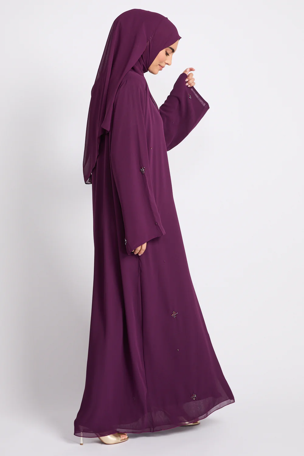 Premium Chiffon Embellished Open Abaya – Royal Mulberry - Image 4