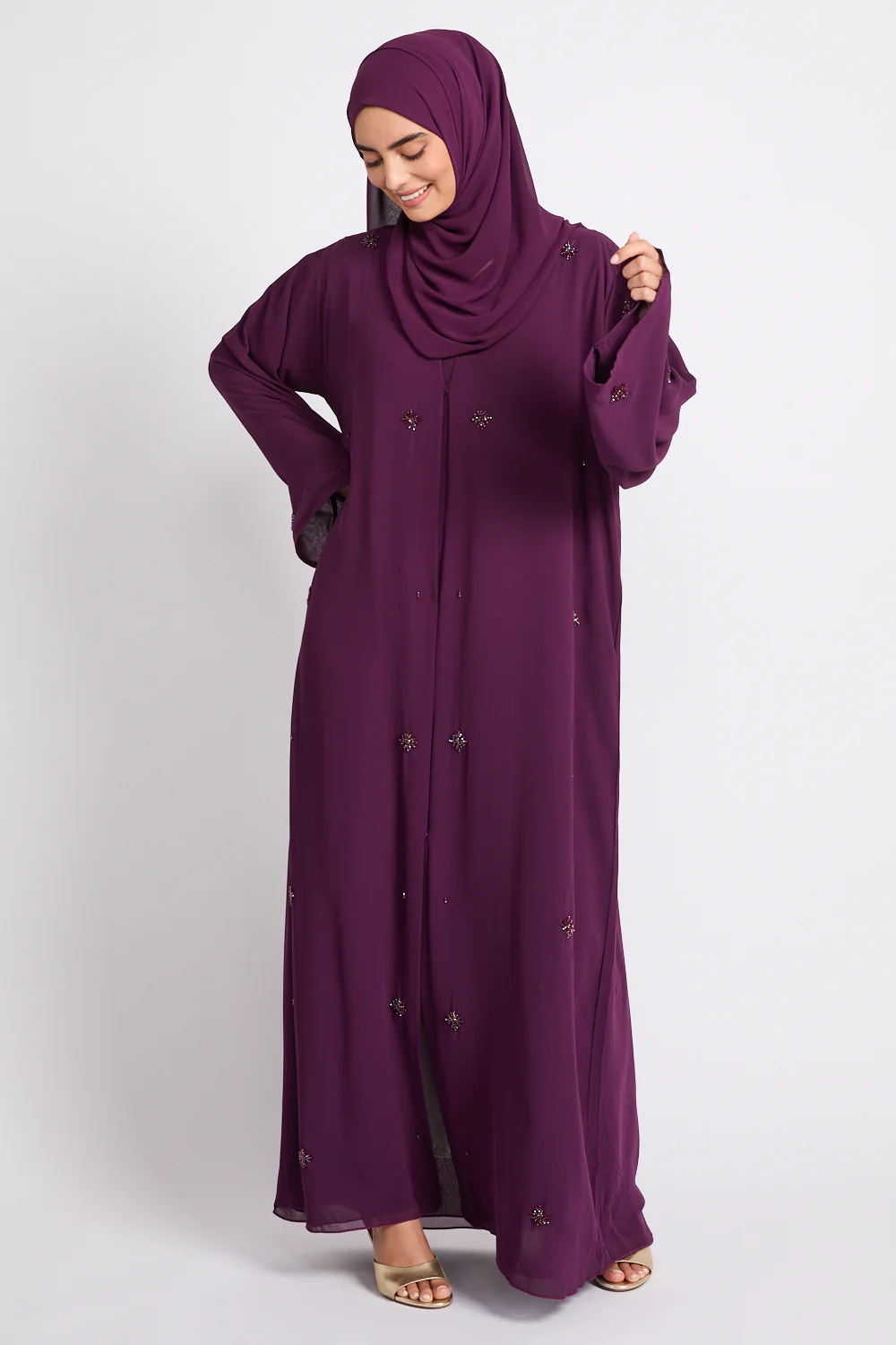 Premium Chiffon Embellished Open Abaya – Royal Mulberry - Image 8