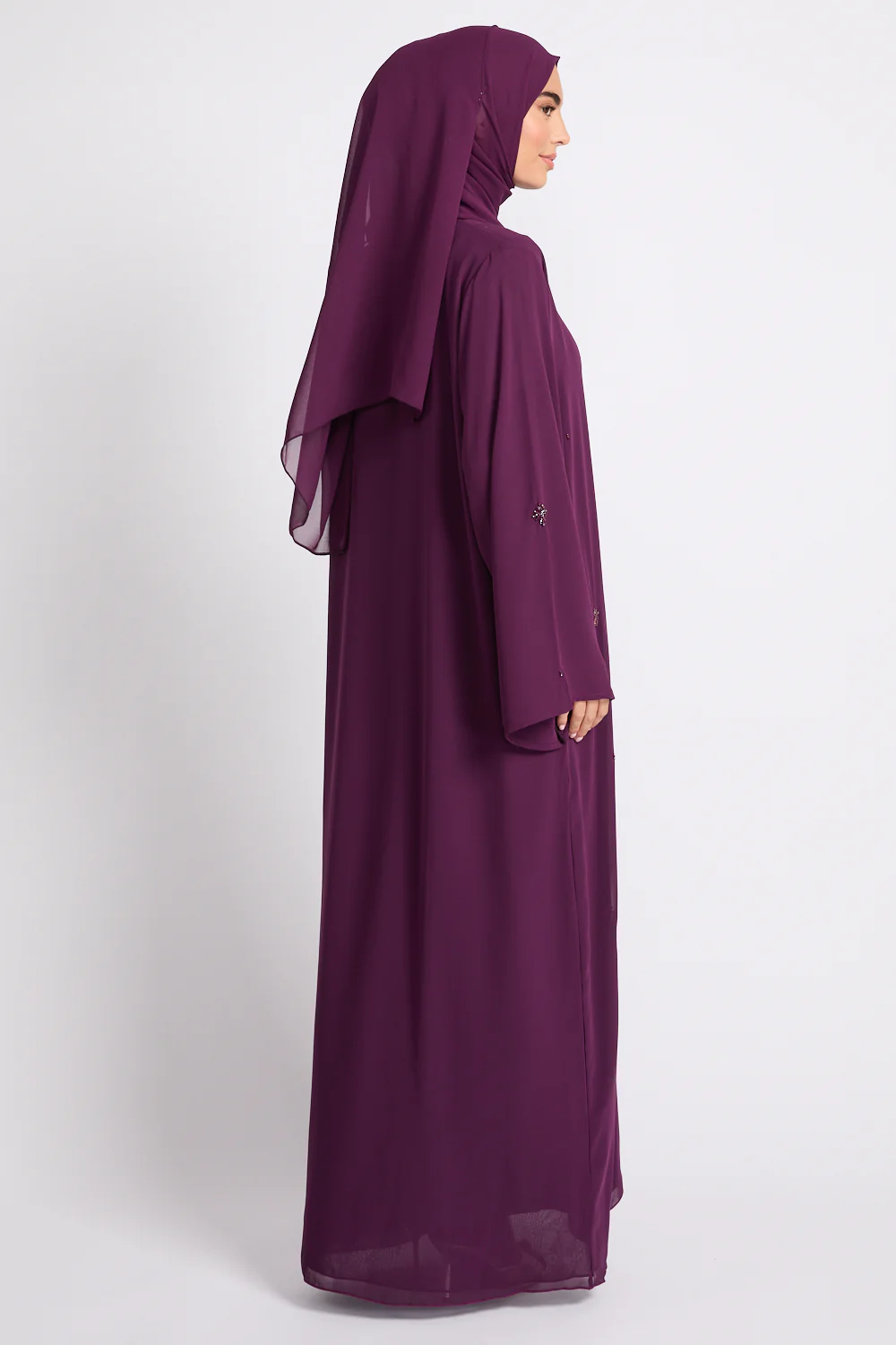 Premium Chiffon Embellished Open Abaya – Royal Mulberry - Image 9