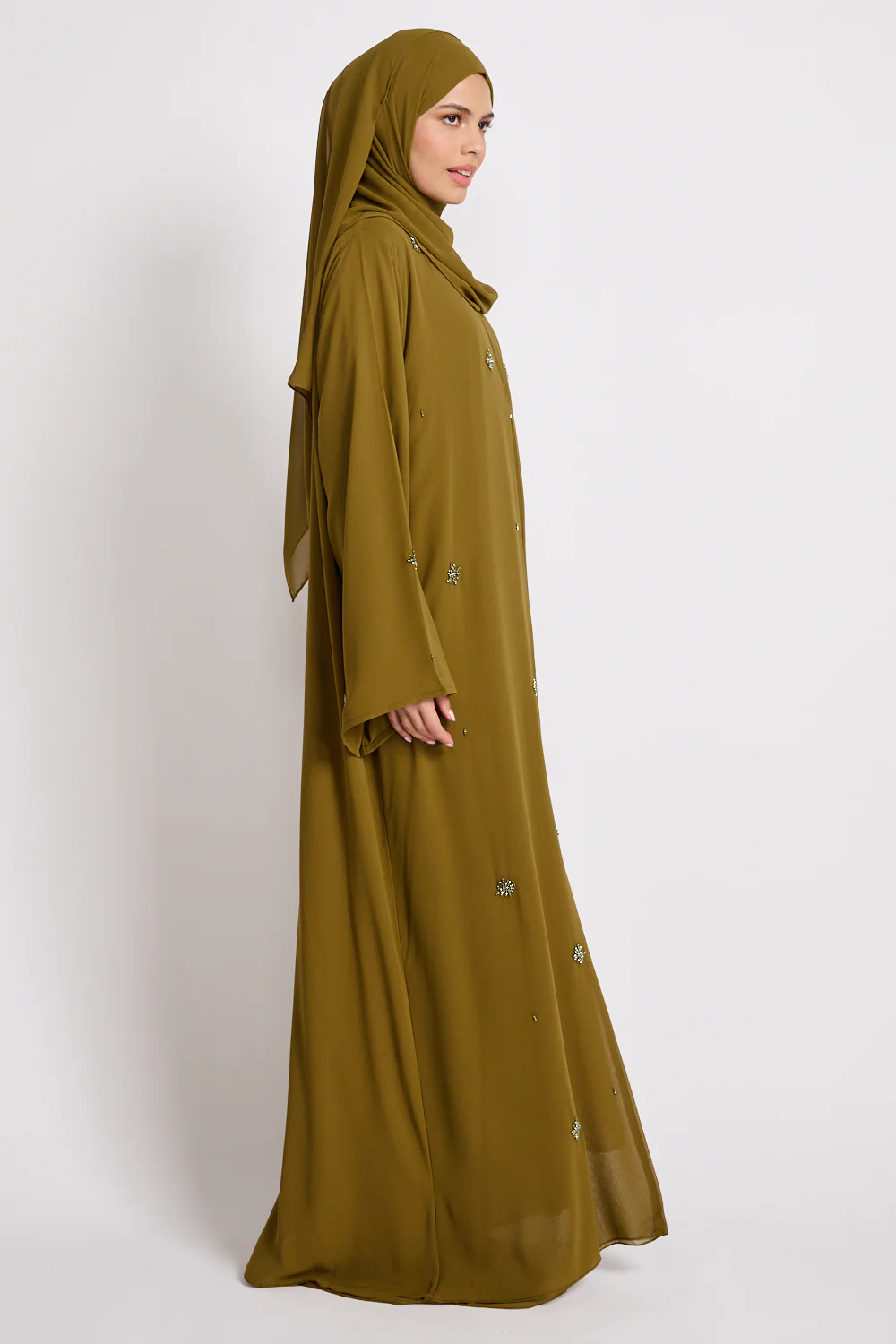 Premium Chiffon Embellished Open Abaya – Warm Olive - Image 10