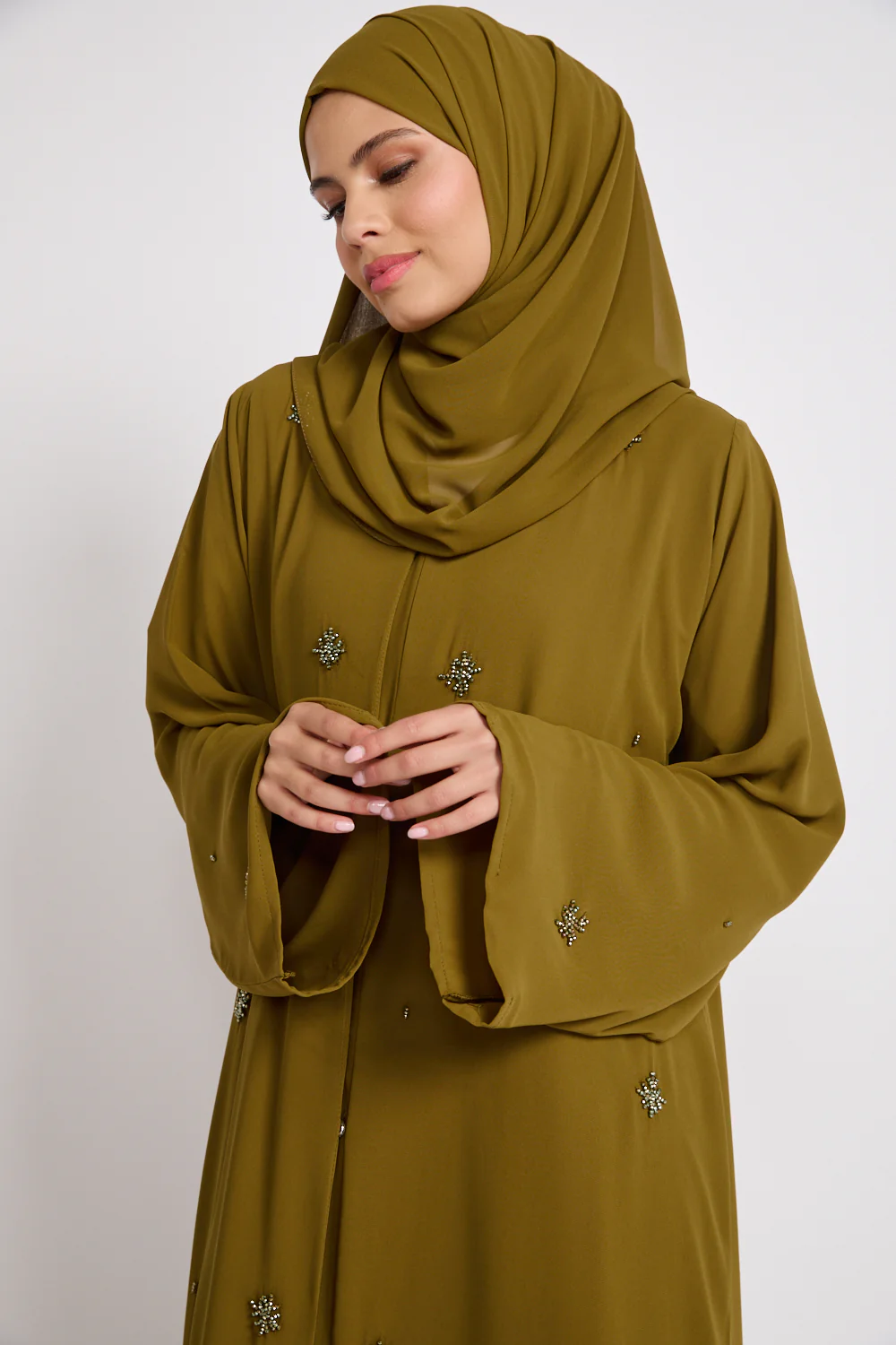 Premium Chiffon Embellished Open Abaya – Warm Olive - Image 2