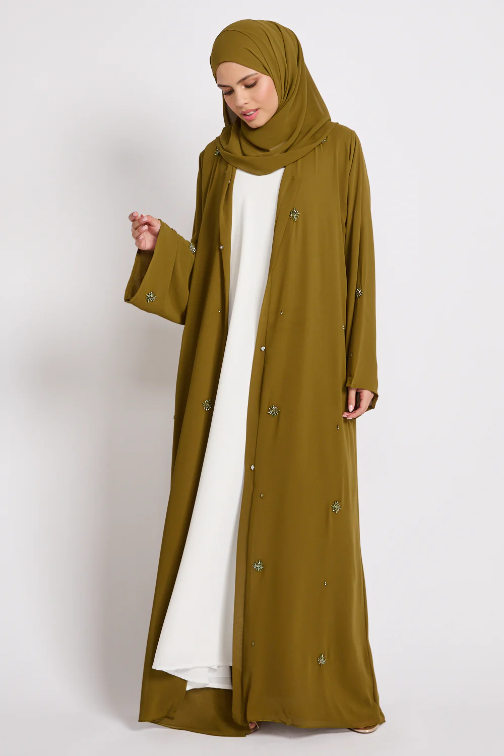 Premium Chiffon Embellished Open Abaya – Warm Olive - Image 3
