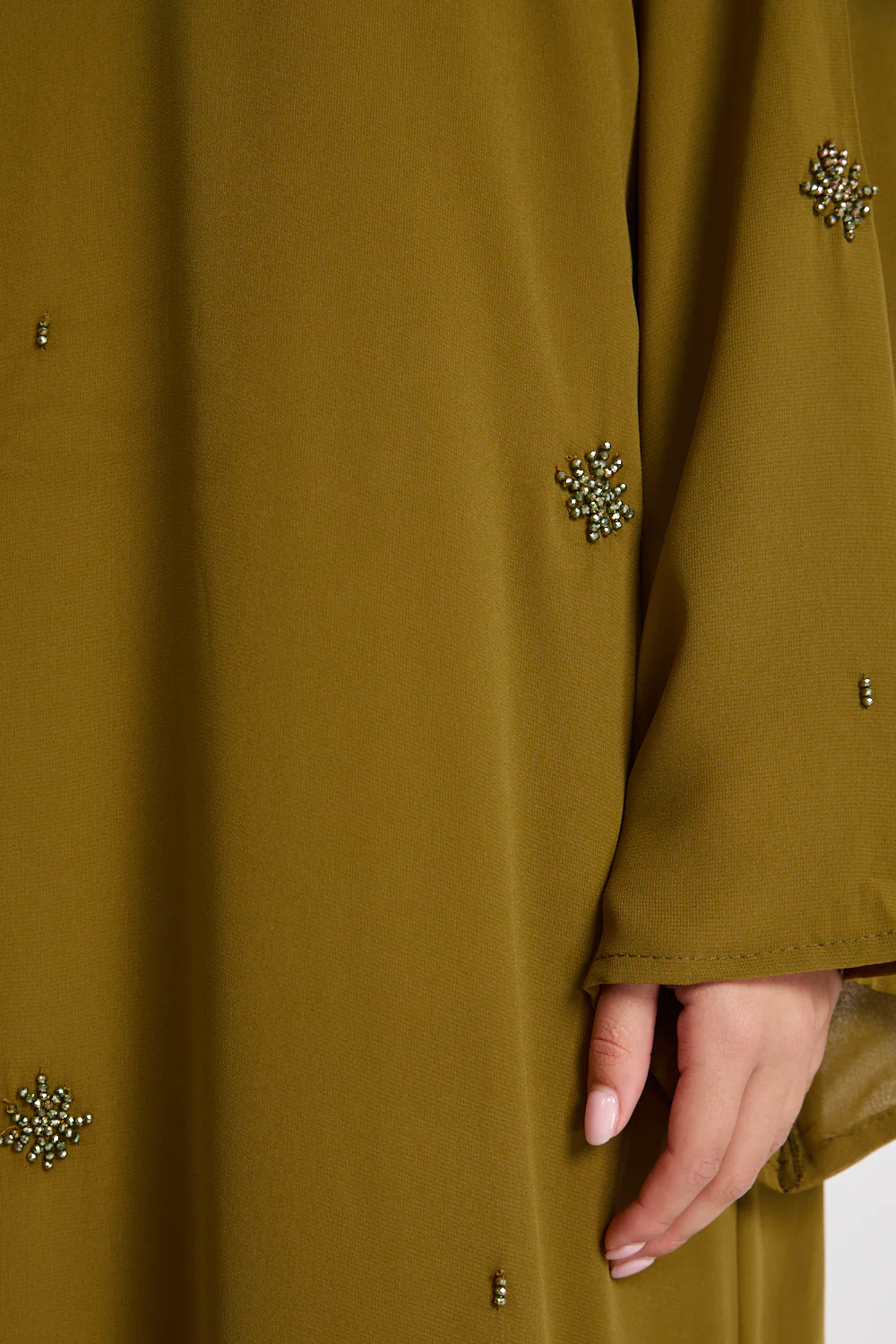 Premium Chiffon Embellished Open Abaya – Warm Olive - Image 4